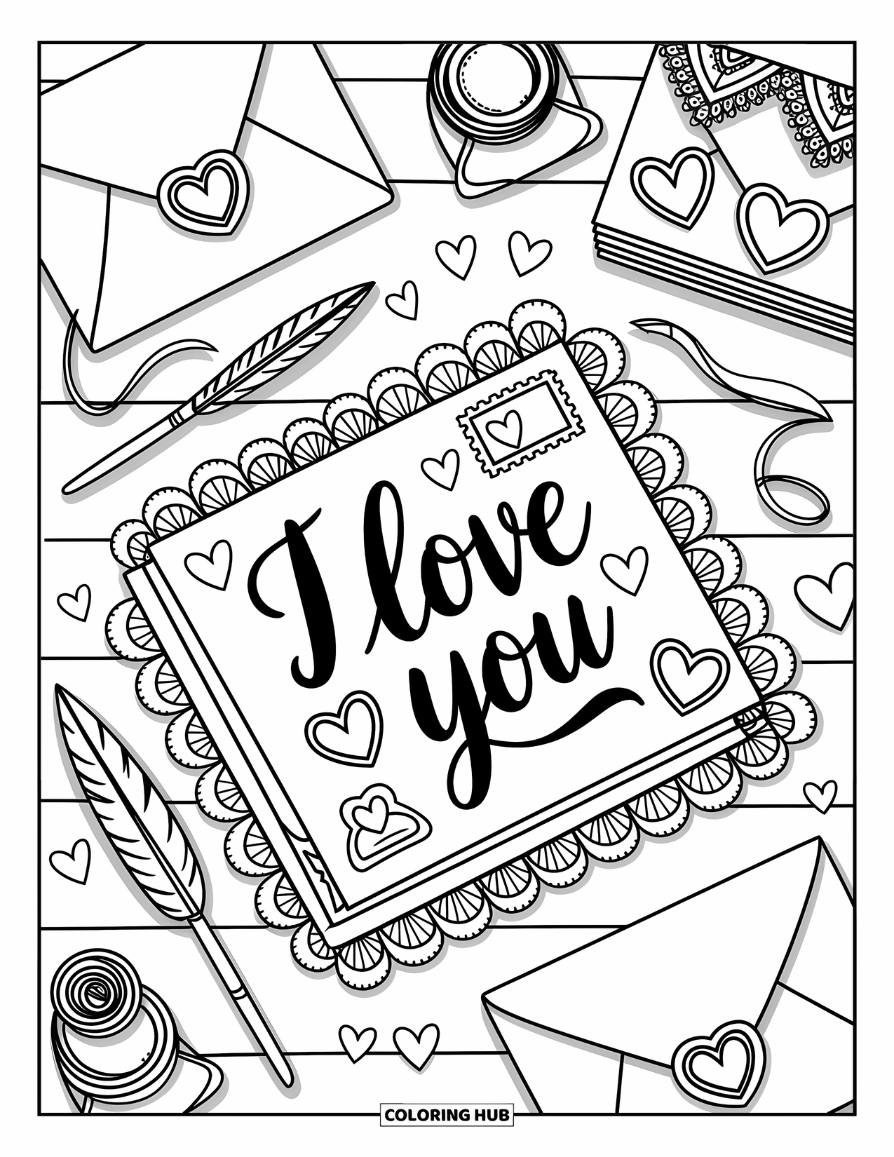 I Love You Coloring Page for Adults: Open letters and wax seals rest on a desk with a page that says "I Love You"