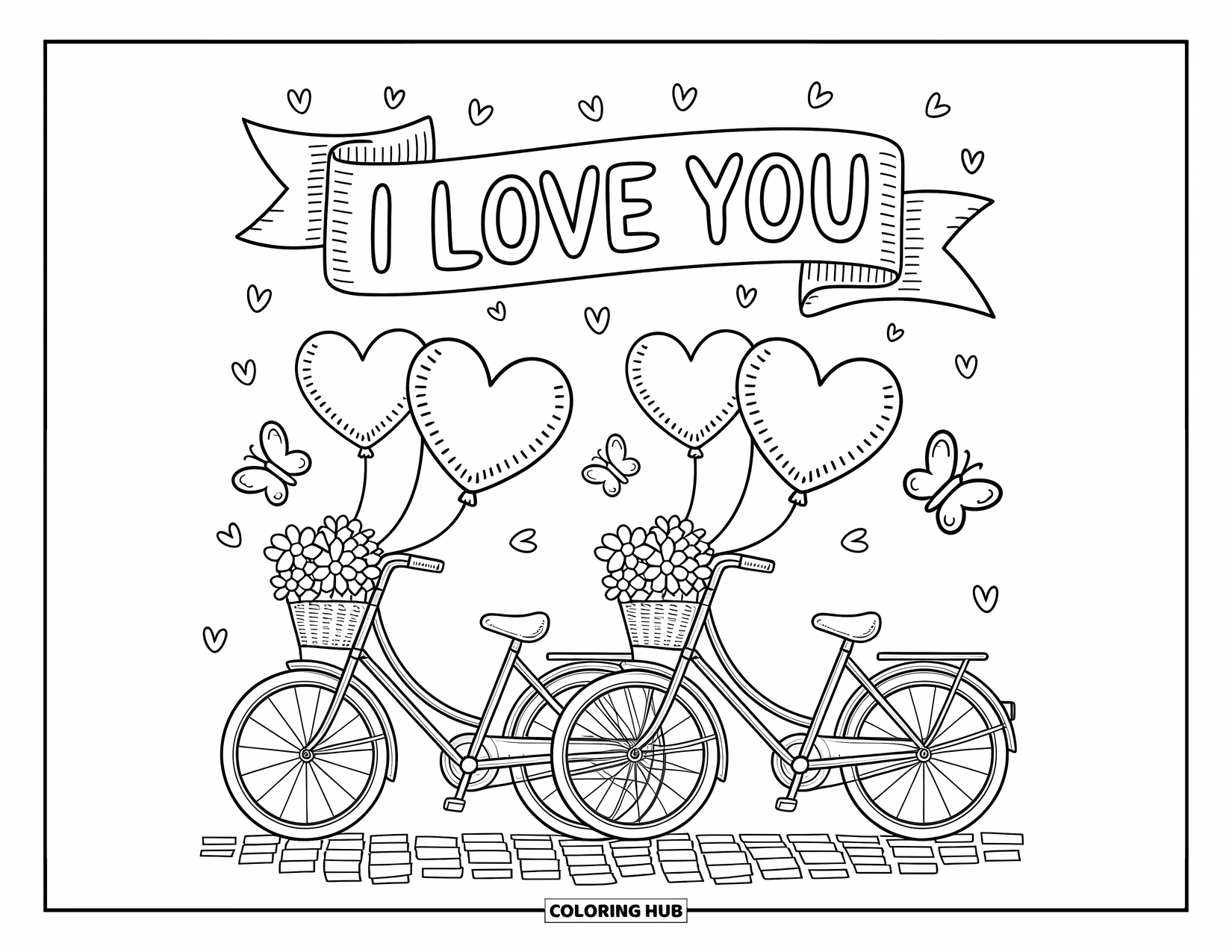 I Love You Coloring Page for Adults: Side-by-side bikes with heart balloons and a banner that says "I Love You"
