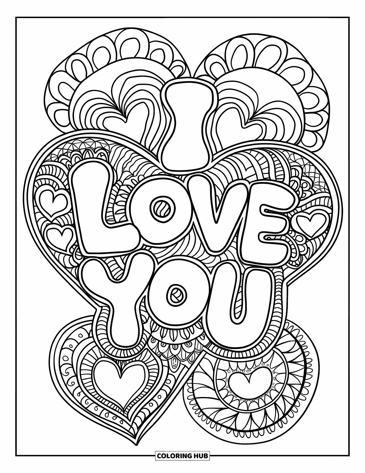 I Love You Coloring Page for Adults: Stylized "I Love You" text sits in a pattern of artistic heart mandalas