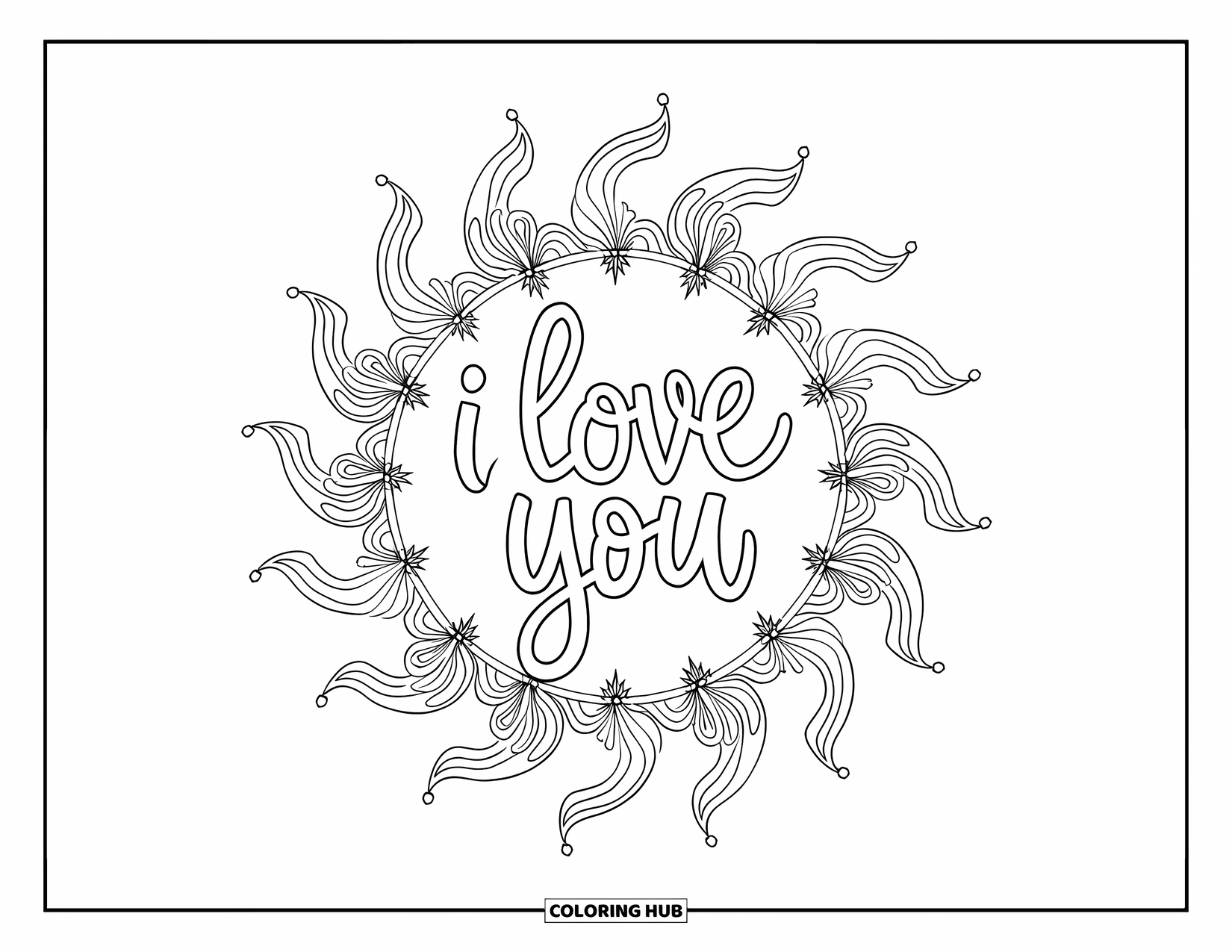 I Love You Coloring Page for Adults: Swirling sun mandala patterns wrap around a graceful "I Love You" text