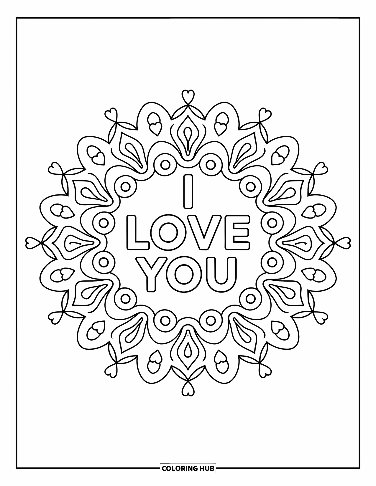 I Love You Coloring Page for Adults: Swirls and paisleys form a mandala around the words "I Love You"