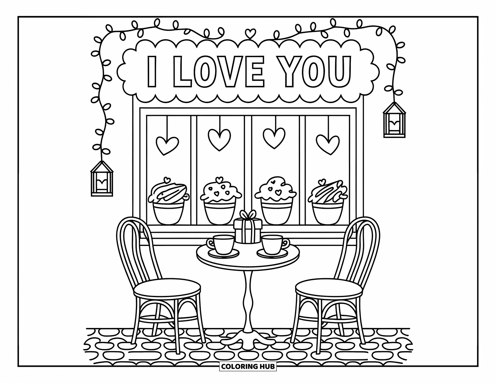 I Love You Coloring Page for Adults: Teacups and treats fill a sweet café scene with an "I Love You" sign above