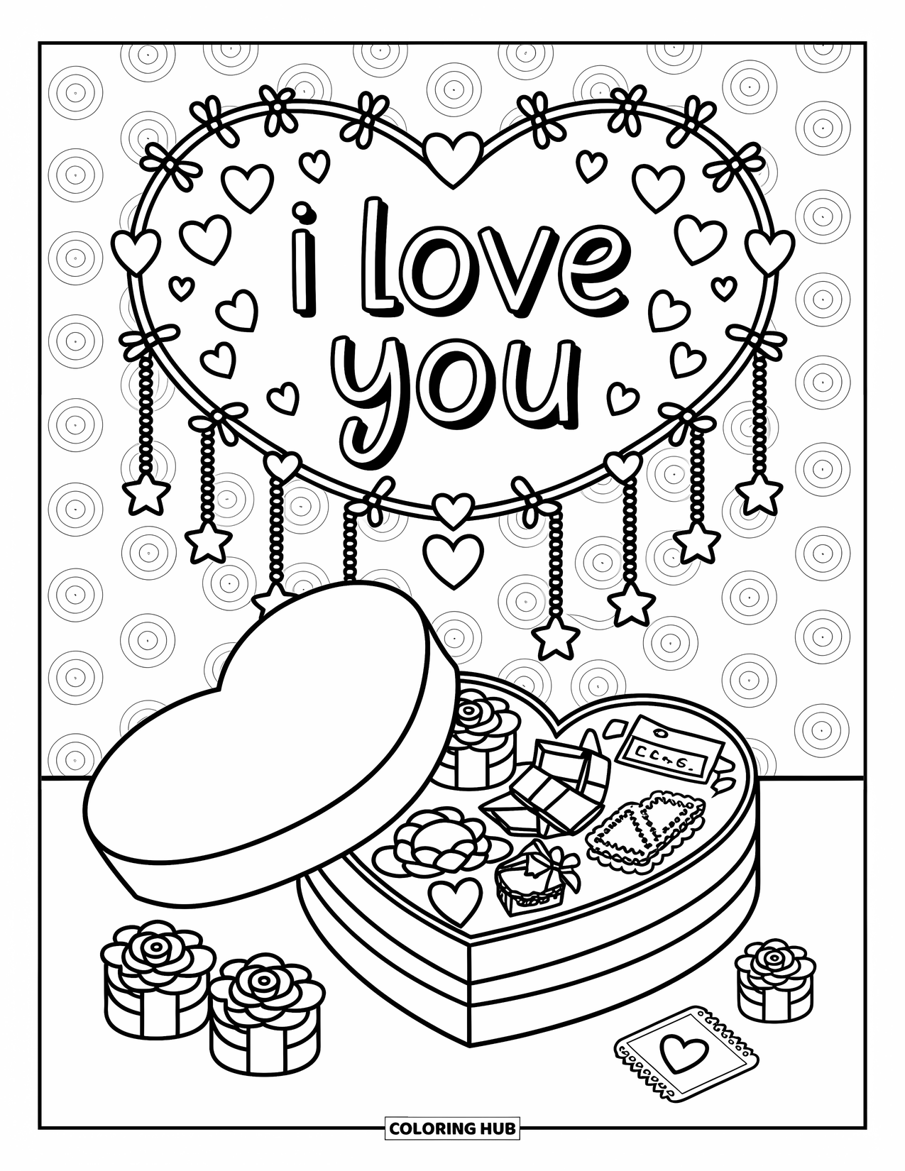 I Love You Coloring Page for Adults: Tiny gifts fill a heart box below an "I Love You" garland of stars and bows