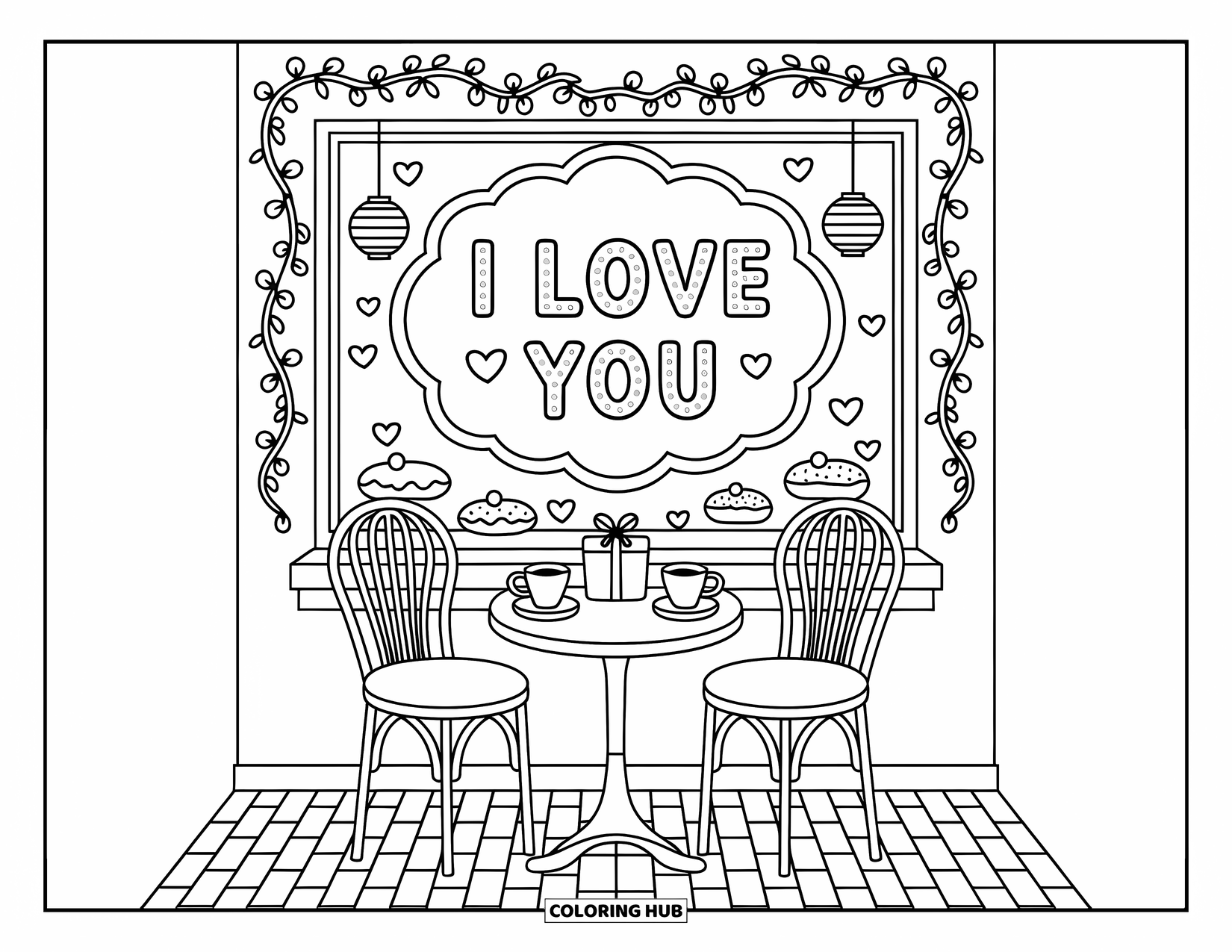 I Love You Coloring Page for Adults: Two seats at a cozy café share tea and a cheerful "I Love You" sign