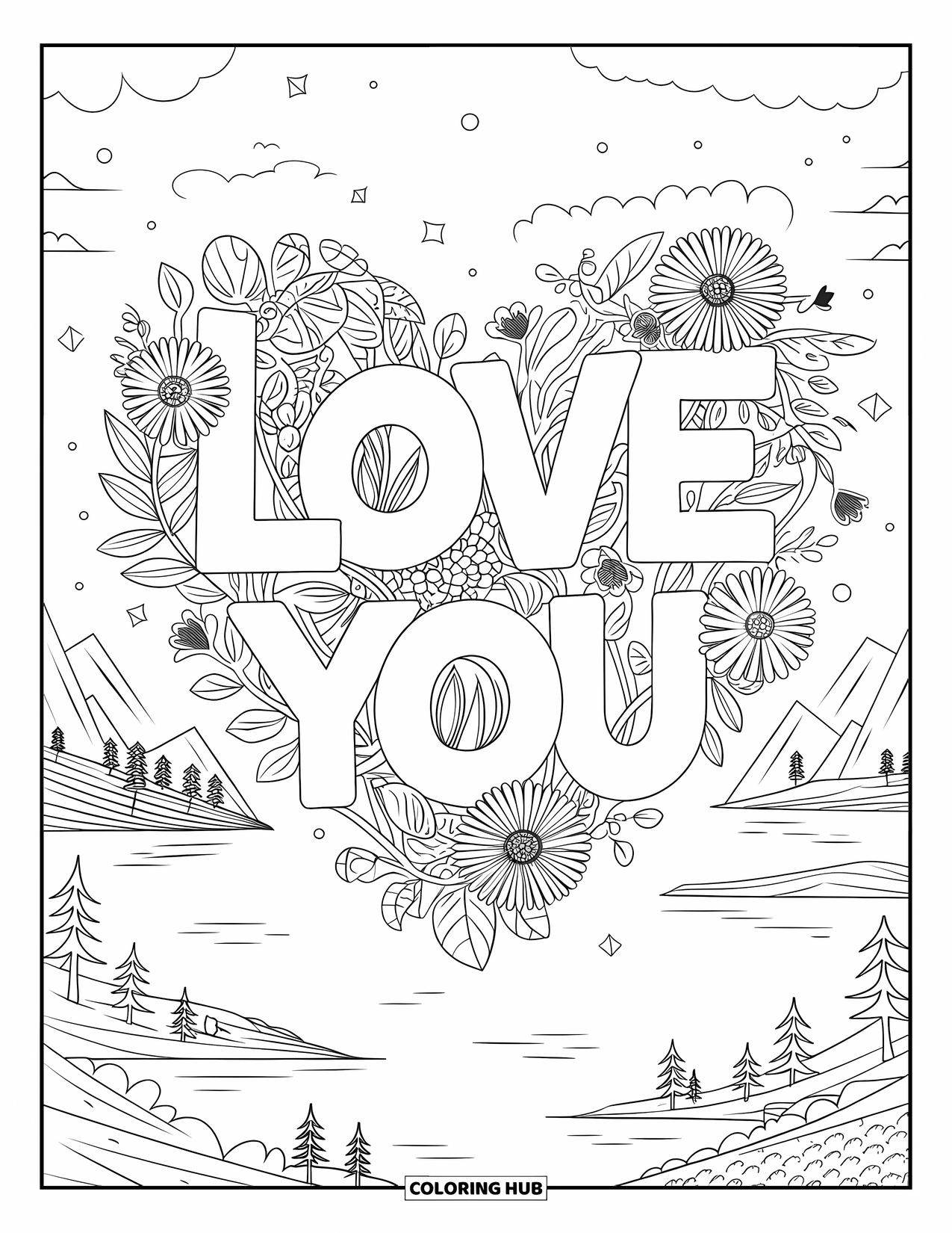 I Love You Coloring Page for Adults: Wildflowers and vines form a heart around "I Love You" in a calm landscape
