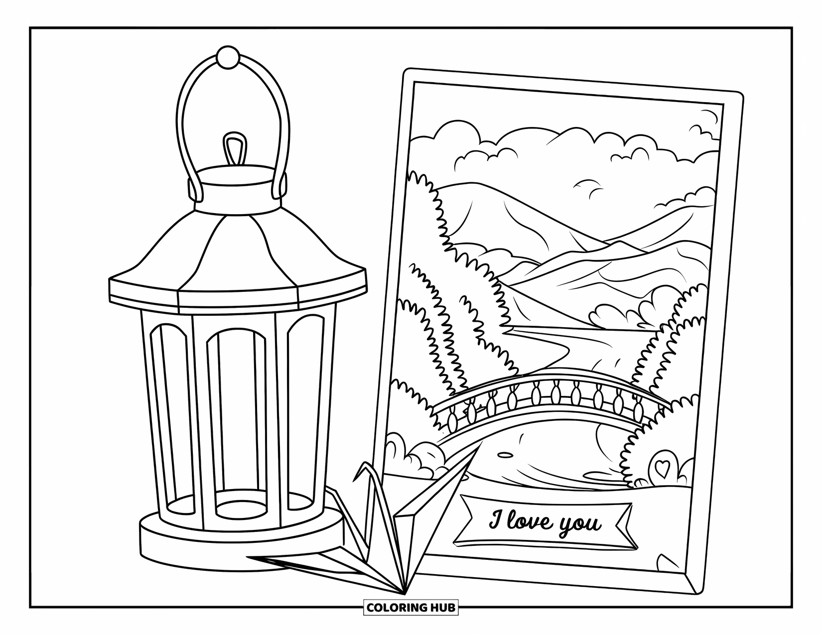 I Love You Coloring Page for Kids: A bridge scene postcard beside a lantern and paper crane with "I Love You"