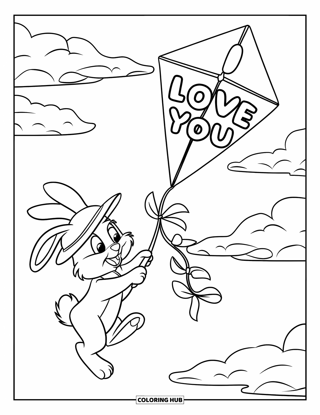 I Love You Coloring Page for Kids: A bunny with a hat flies a kite tied to a pole spelling "I Love You"