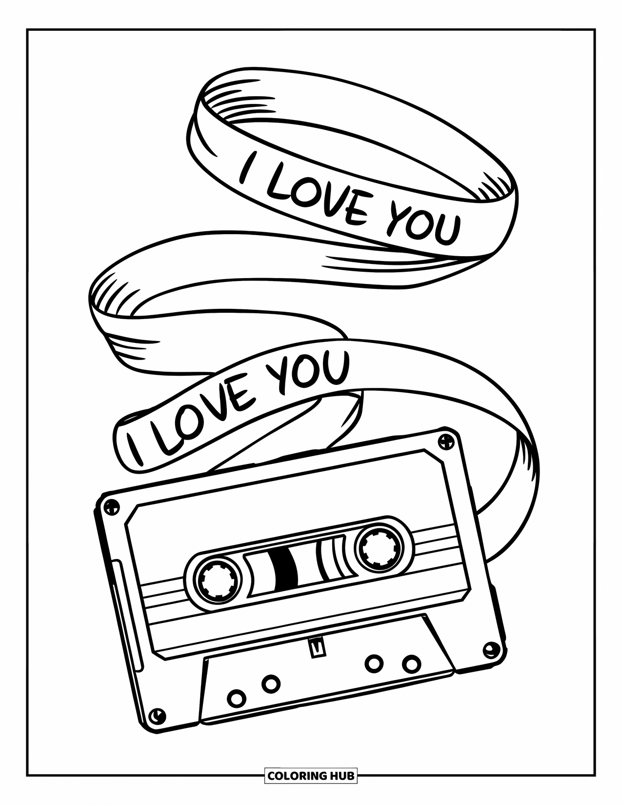 I Love You Coloring Page for Kids: A cassette tape unravels into ribbon that spells "I Love You"