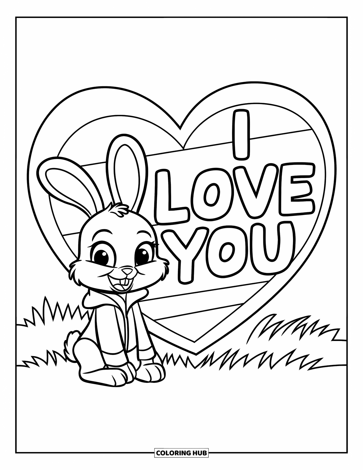 I Love You Coloring Page for Kids: A cheerful bunny in a red jacket rests beside a striped heart that says "I Love You"