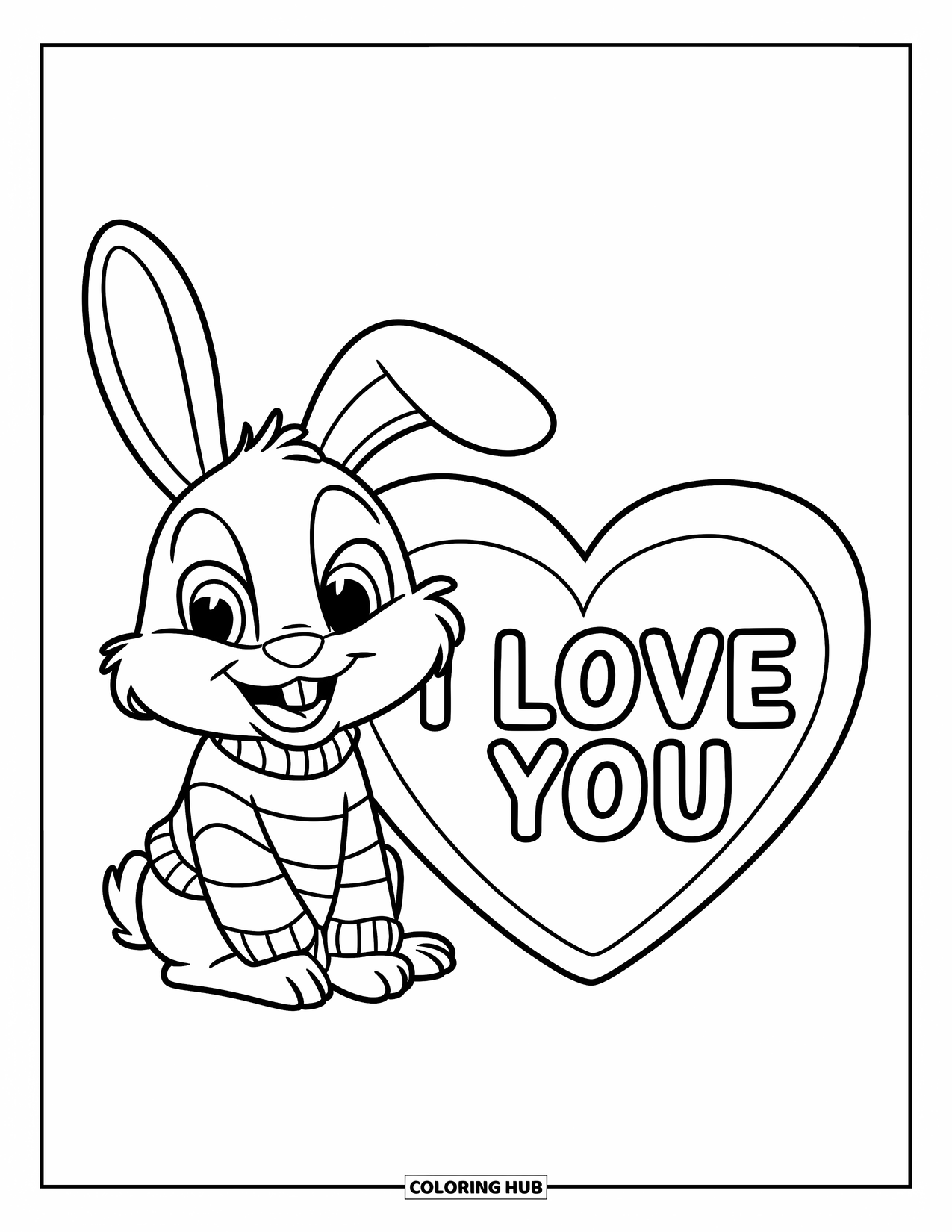 I Love You Coloring Page for Kids: A cozy bunny in a striped sweater sits by a heart that says "I Love You"