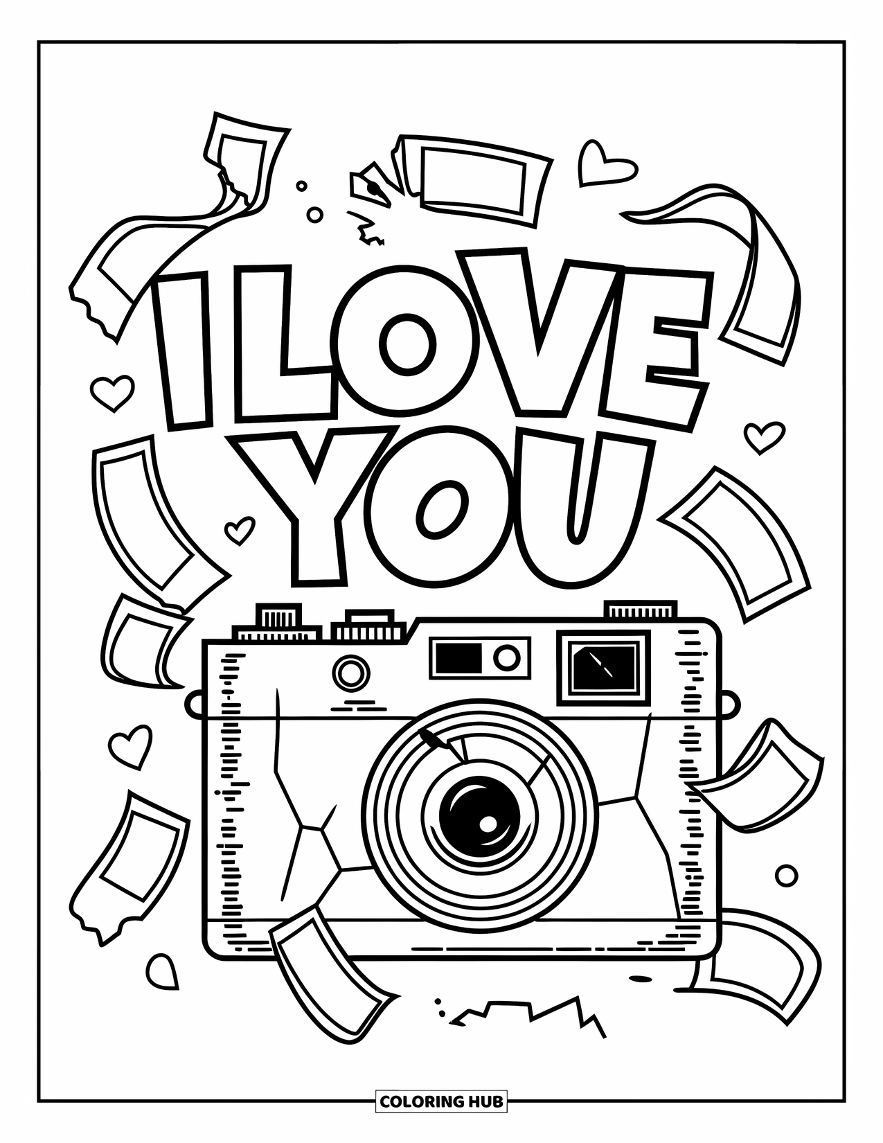 I Love You Coloring Page for Kids: A cracked camera and curled photo strips surround stylish "I Love You"
