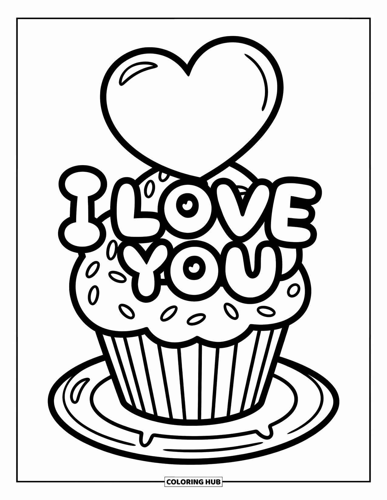 I Love You Coloring Page for Kids: A cupcake with a big heart topper and bubbly "I Love You" text