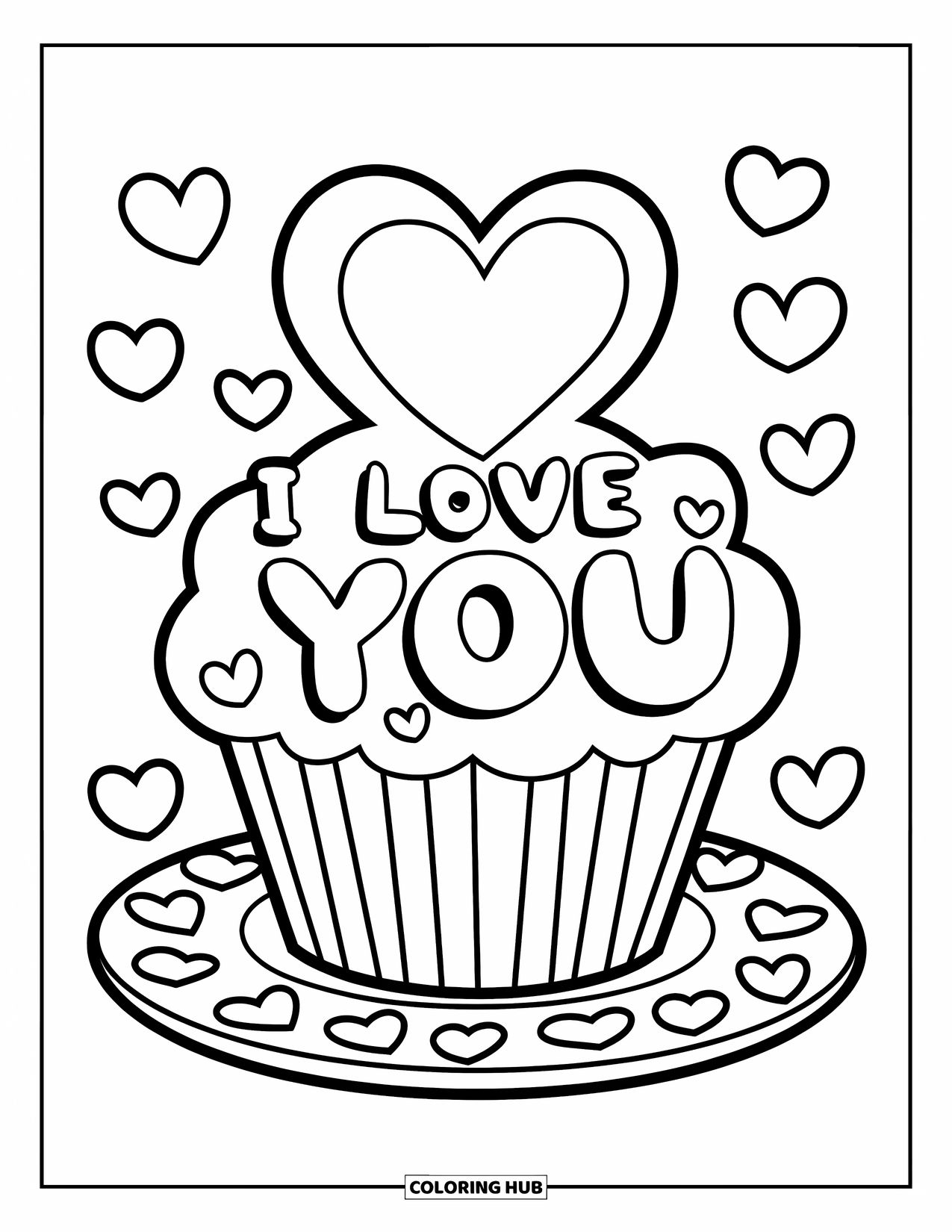 I Love You Coloring Page for Kids: A cupcake with scattered hearts and a big "I Love You" topper