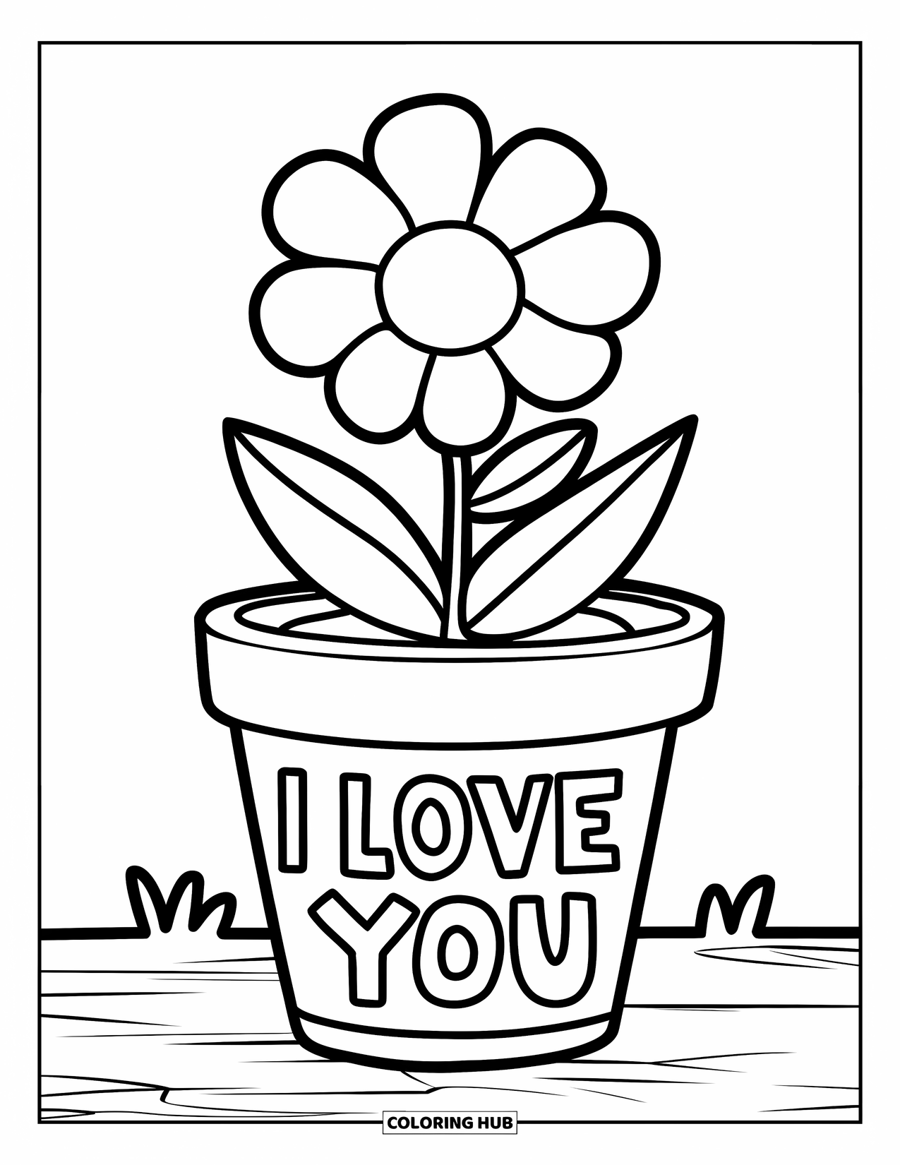 I Love You Coloring Page for Kids: A cute flower in a pot shows off a playful "I Love You" message