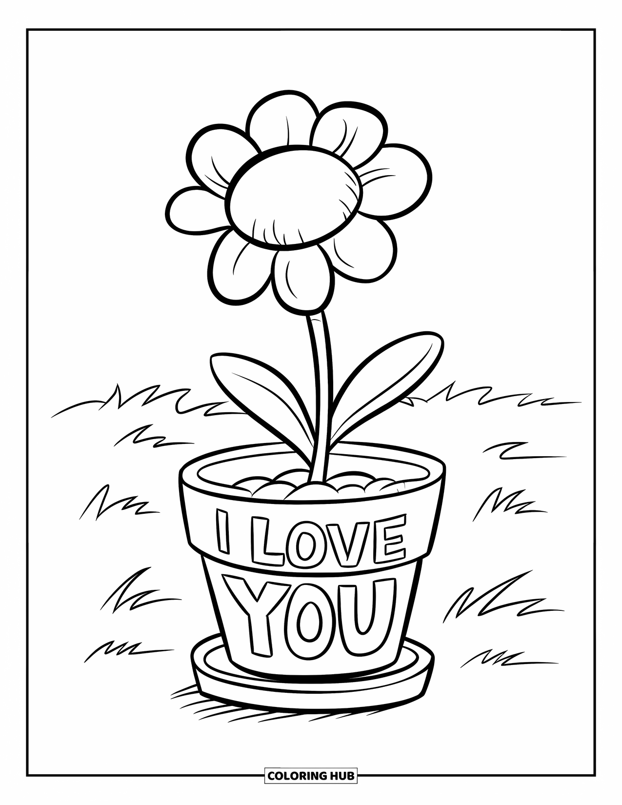 I Love You Coloring Page for Kids: A flower with a round head sits in a pot labeled "I Love You"
