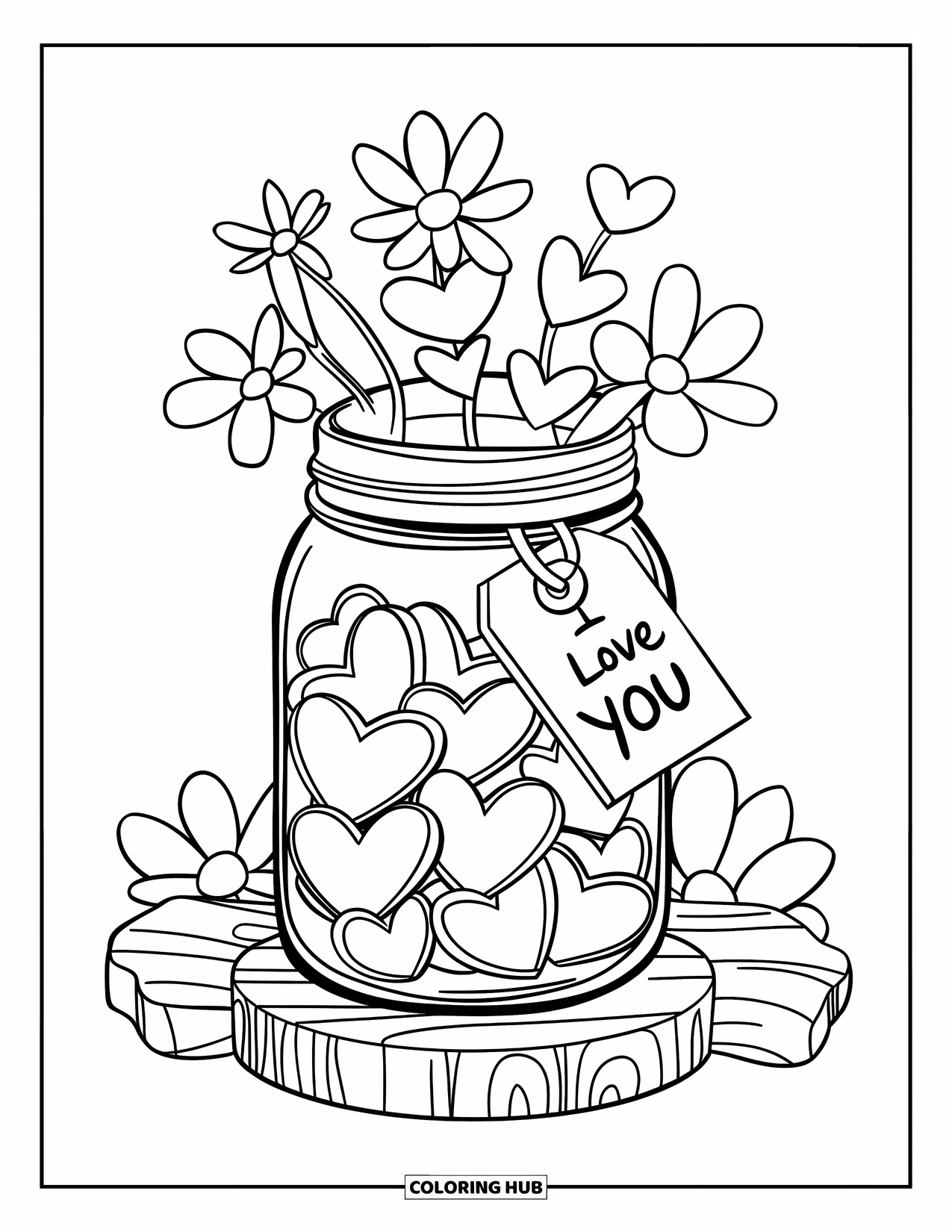 I Love You Coloring Page for Kids: A heart-filled jar with flowers and a tag that says "I Love You"
