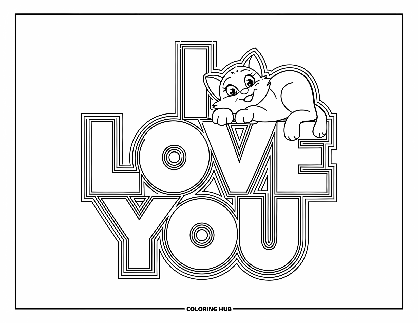 I Love You Coloring Page for Kids: A heart-shaped cat resting on bold "I Love You" letters
