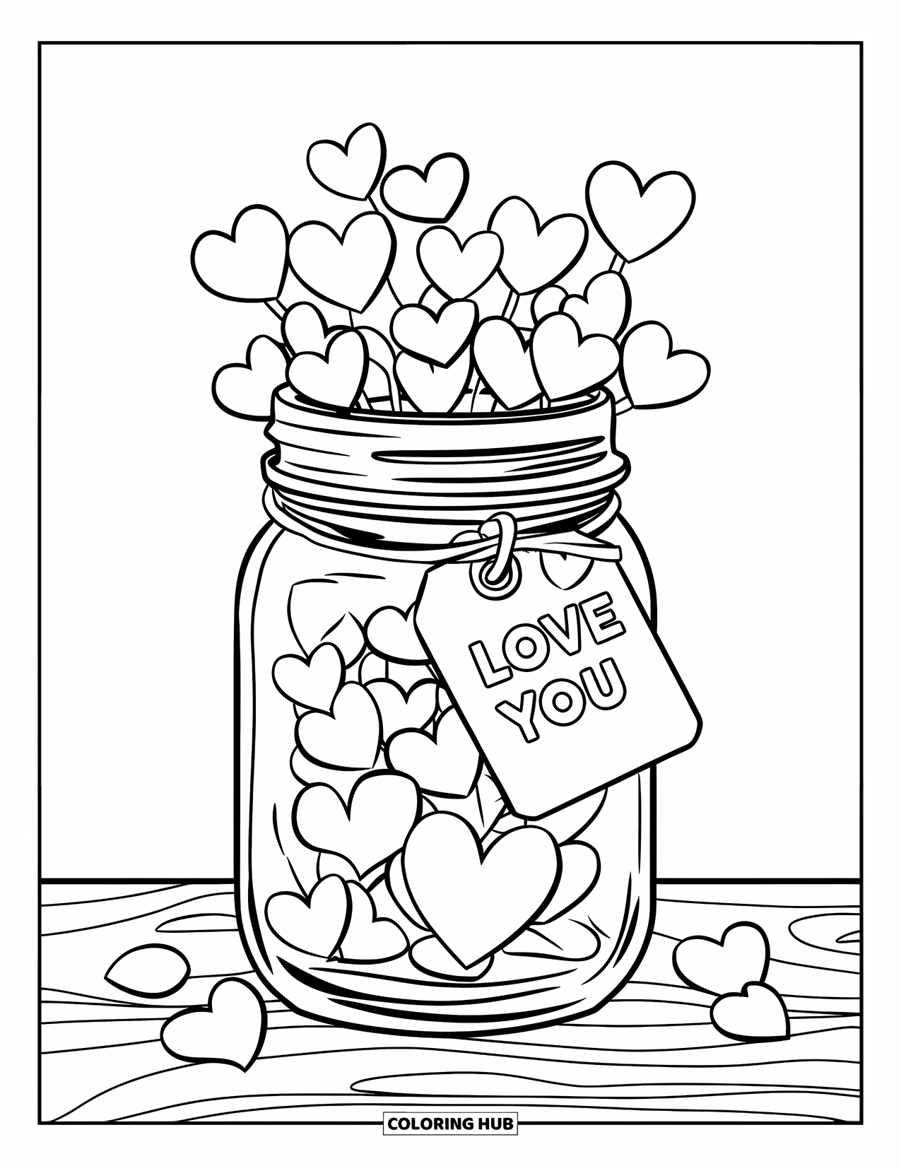 I Love You Coloring Page for Kids: A jar of hearts with an "I Love You" tag and scattered hearts around it