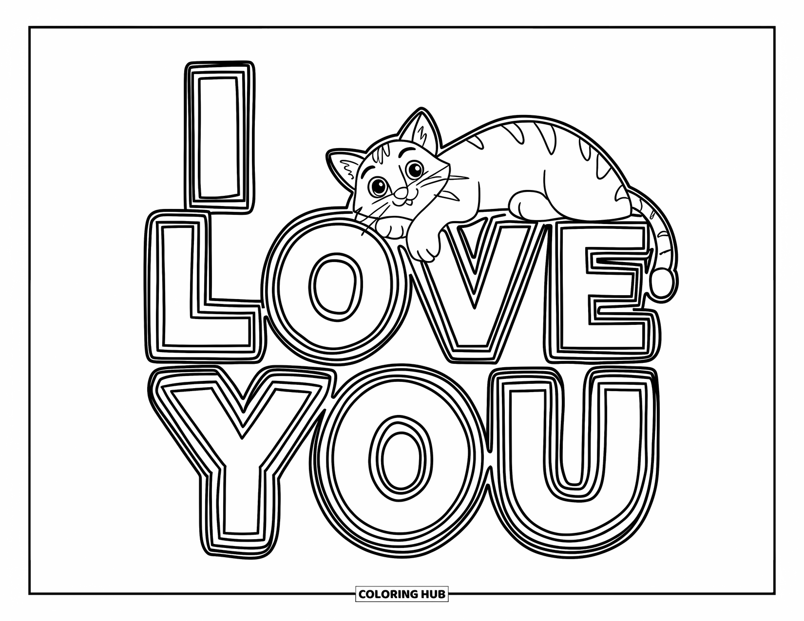 I Love You Coloring Page for Kids: A playful cat sits on the letter "U" in a bold "I Love You" design