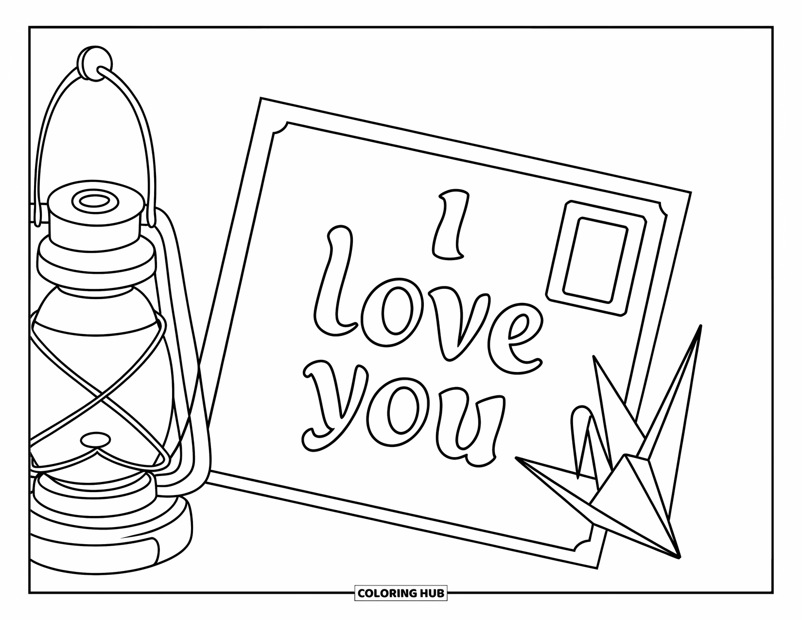 I Love You Coloring Page for Kids: A postcard, lantern, and paper crane beside a sweet "I Love You" message