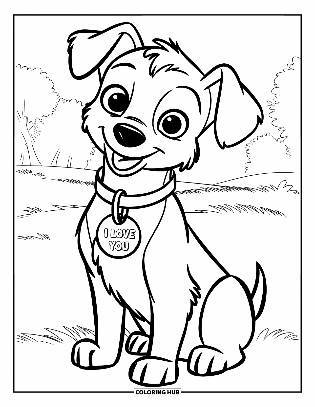 I Love You Coloring Page for Kids: A puppy with a heart tag that says "I Love You" sits on the grass
