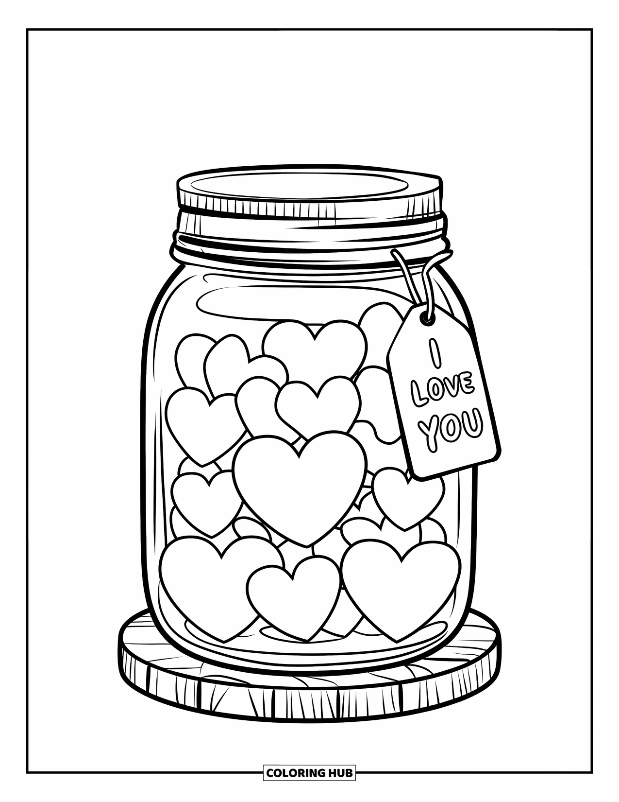 I Love You Coloring Page for Kids: A screw-top jar full of hearts with a tag that says "I Love You"