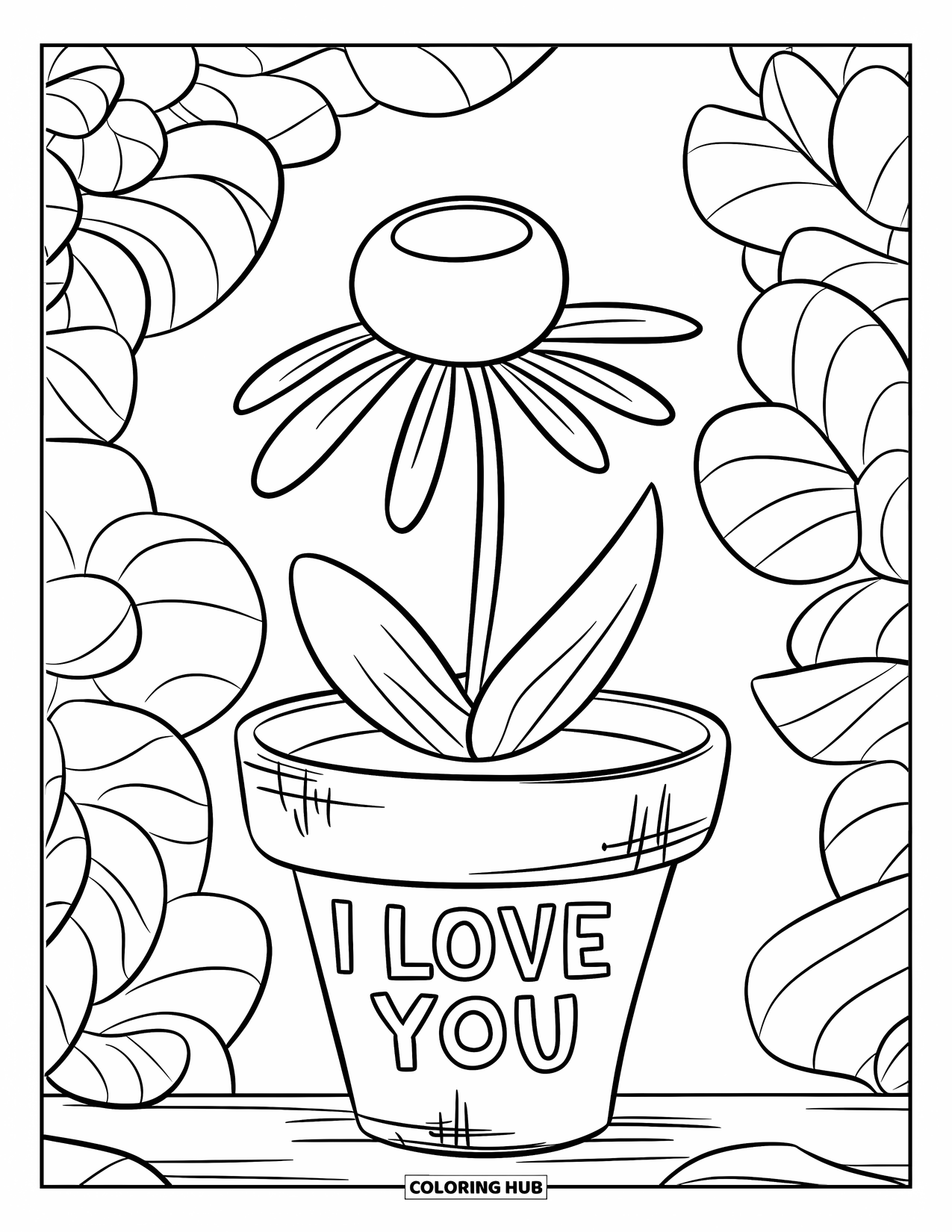 I Love You Coloring Page for Kids: A single flower in a pot says "I Love You" in fun, curvy letters