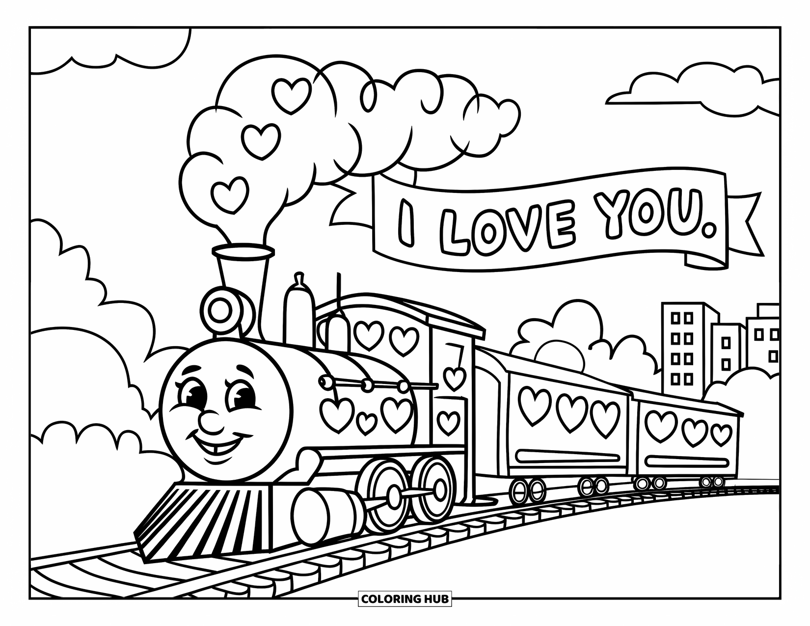 I Love You Coloring Page for Kids: A smiling train made of hearts pulls an "I Love You" banner past trees