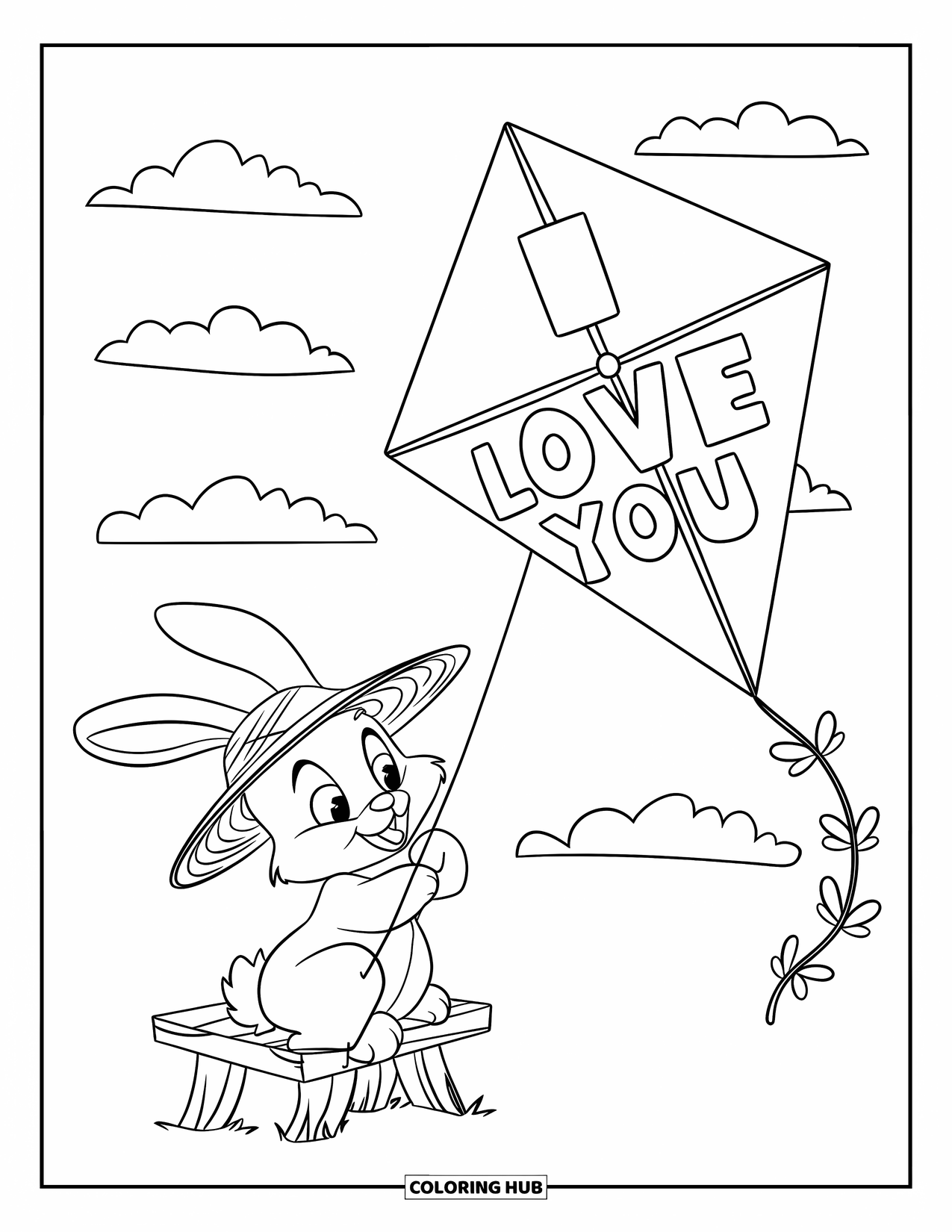 I Love You Coloring Page for Kids: A straw hat bunny sits on a stand flying a kite that says "I Love You"
