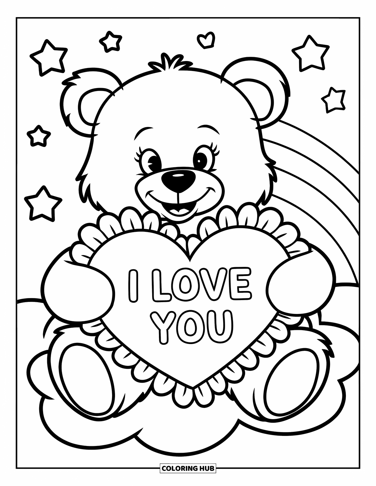 I Love You Coloring Page for Kids: A teddy bear on a cloud holds a heart that says "I Love You"