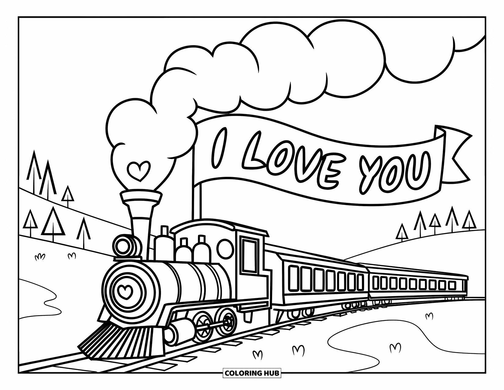 I Love You Coloring Page for Kids: A train puffs heart-shaped steam while pulling an "I Love You" banner