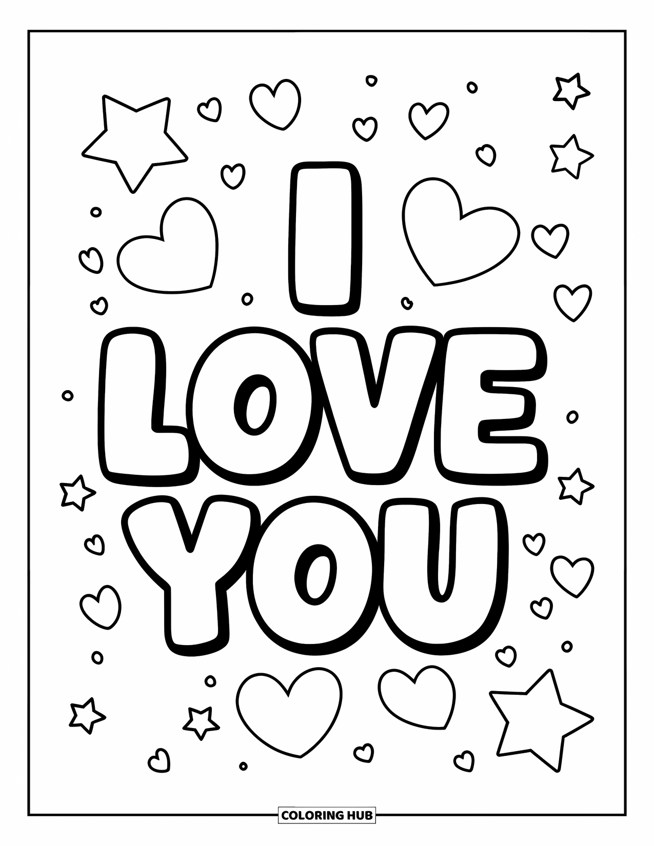 I Love You Coloring Page for Kids: Big bubble letters say "I Love You" with stars and hearts all around