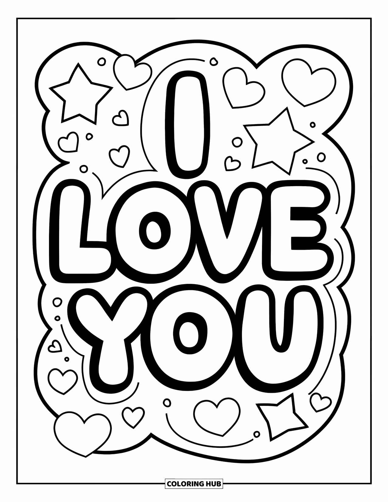 I Love You Coloring Page for Kids: Blocky "I Love You" letters are surrounded by playful stars and tiny hearts