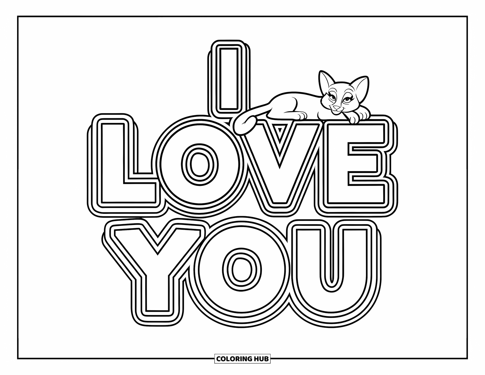 I Love You Coloring Page for Kids: Blocky "I Love You" letters with a lounging cat on top
