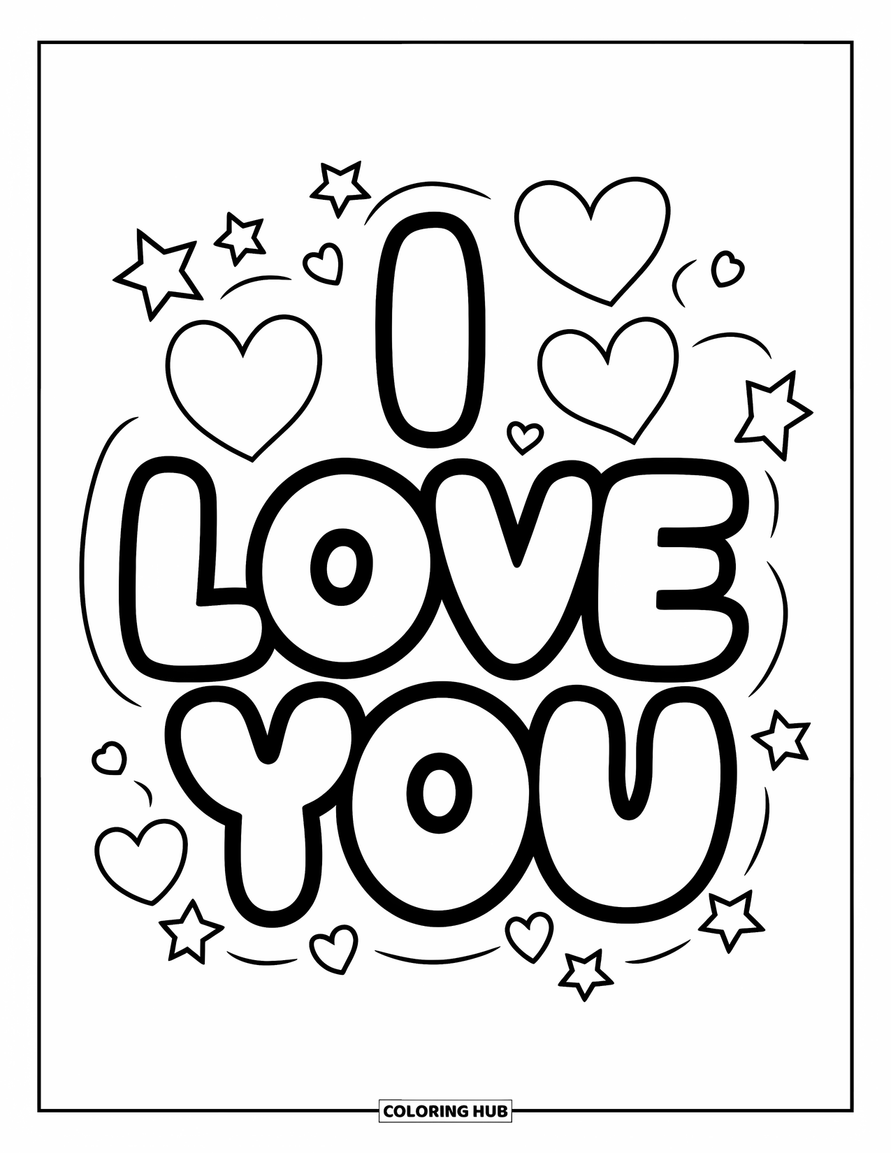 I Love You Coloring Page for Kids: Bold bubble letters spell out "I Love You" with stars and hearts floating nearby
