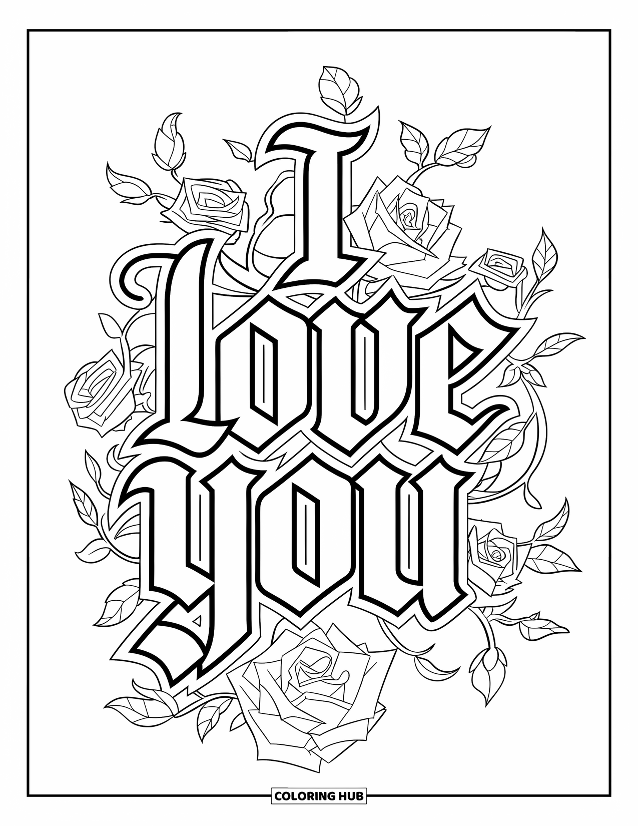 I Love You Coloring Page for Kids: Gothic-style "I Love You" wrapped in roses and twisting vines