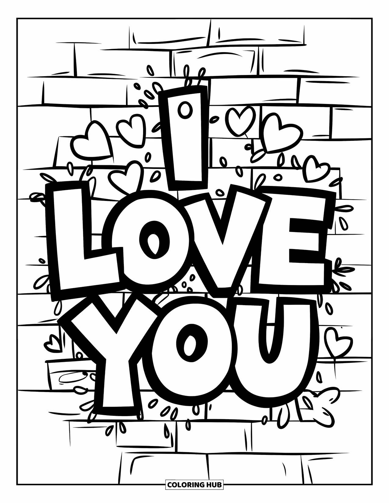 I Love You Coloring Page for Kids: Graffiti saying "I Love You" with heart and star splashes on a wall