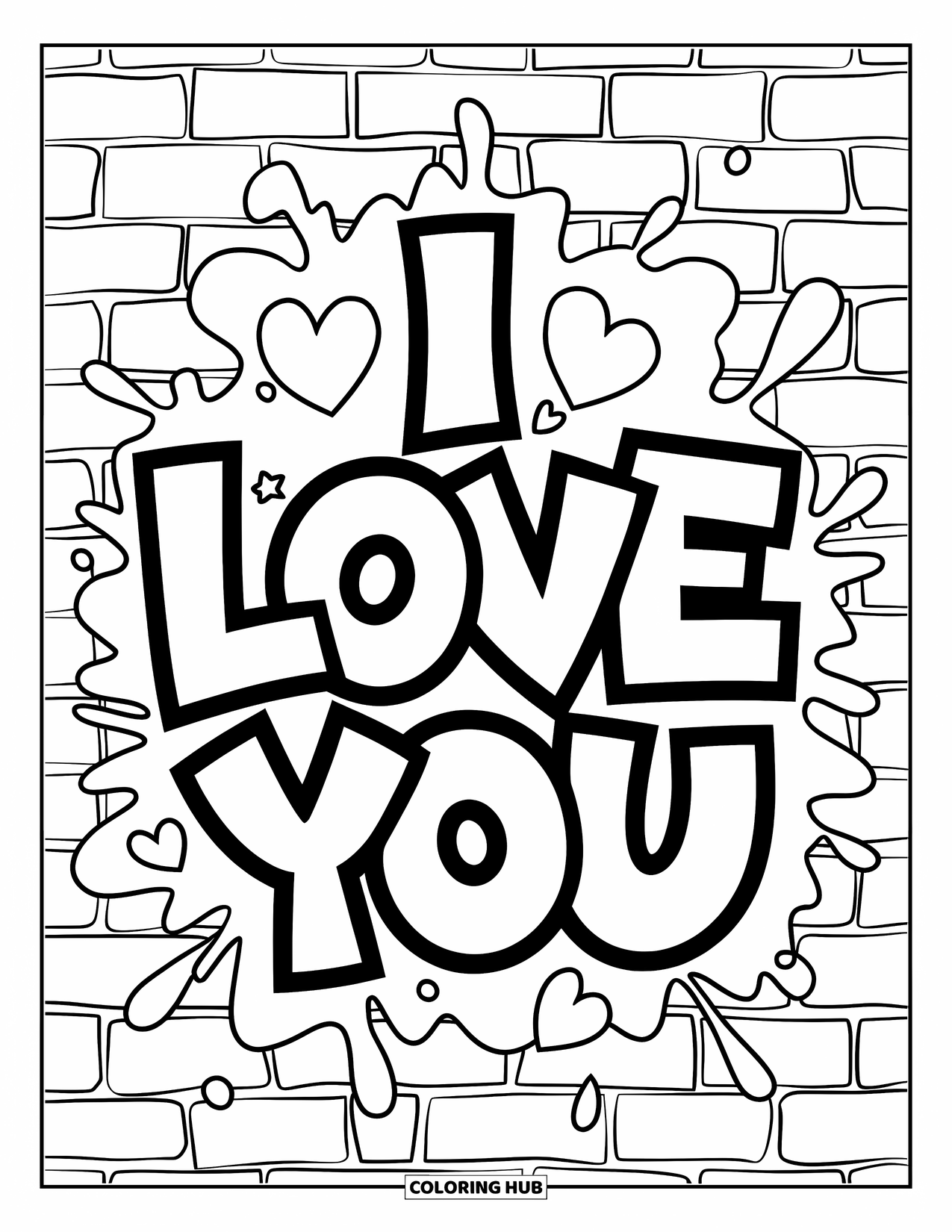 I Love You Coloring Page for Kids: "I Love You" graffiti with hearts and stars splashed on a brick wall