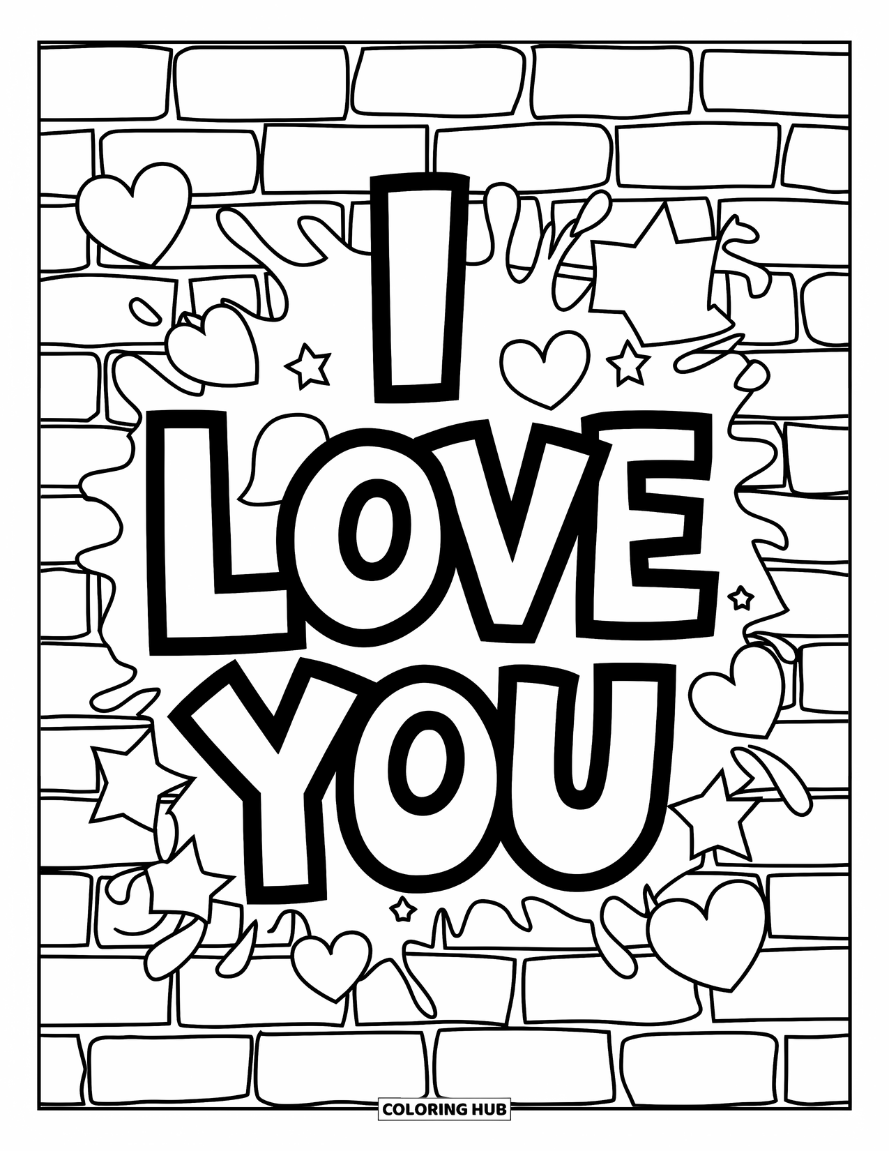 I Love You Coloring Page for Kids: "I Love You" spray-painted with hearts and stars on a cracked wall