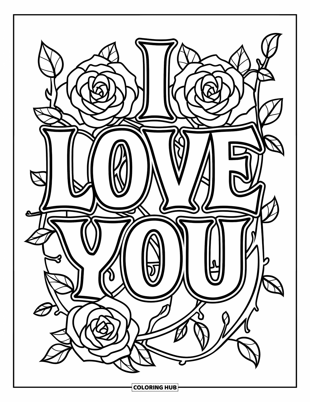 I Love You Coloring Page for Kids: "I Love You" surrounded by thorny roses and vines in a gothic look