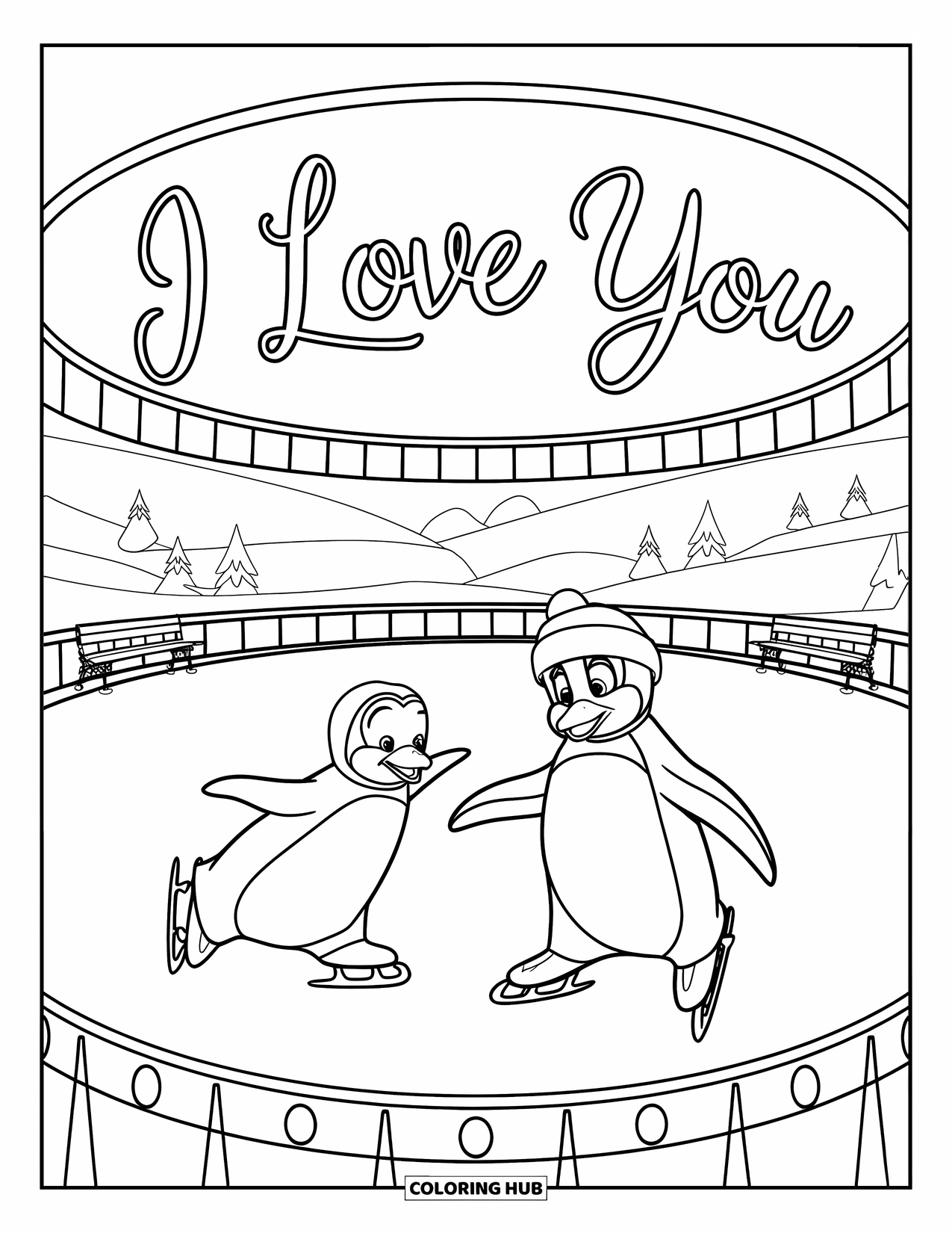 I Love You Coloring Page for Kids: Penguins skate inside a round building under a cursive "I Love You"