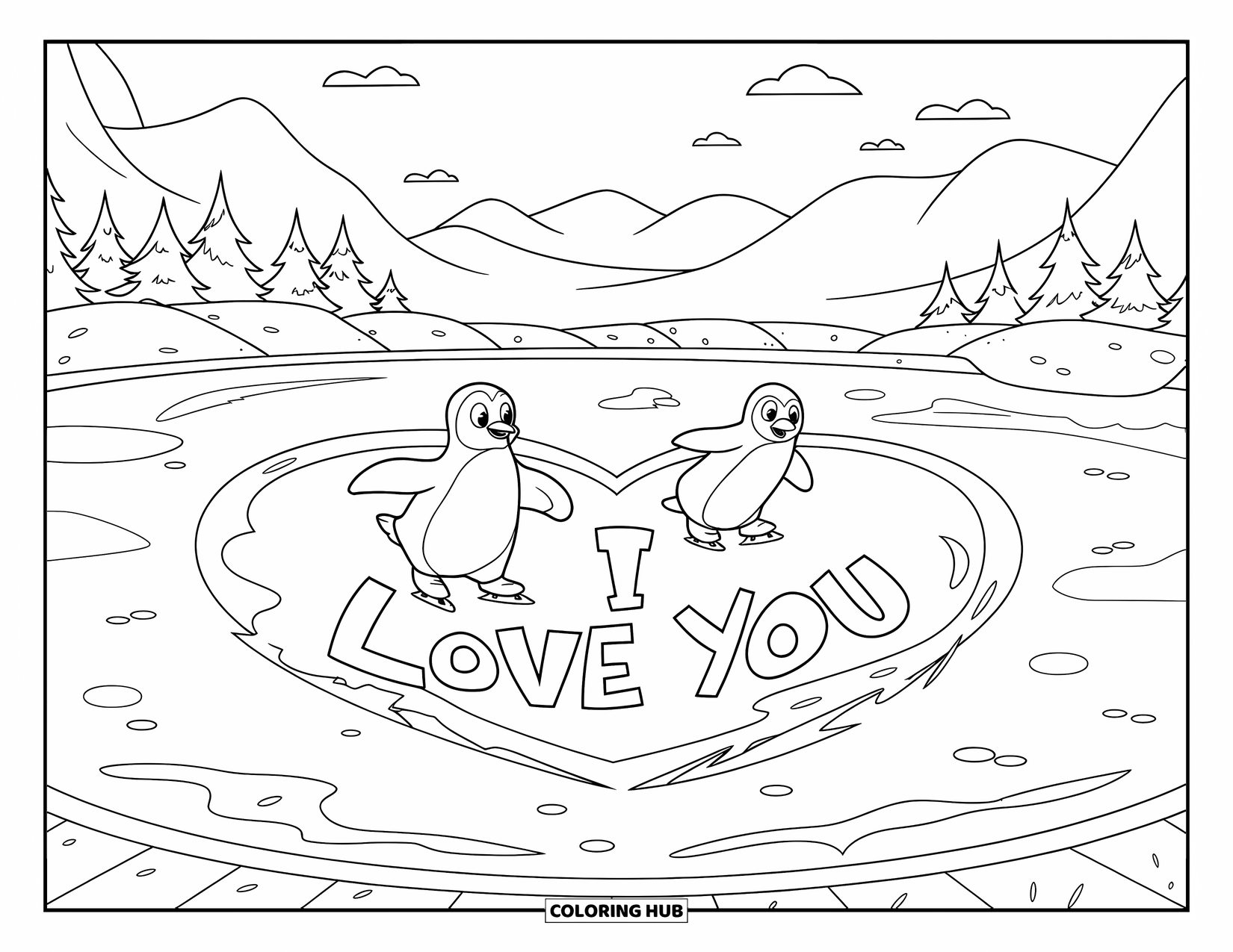 I Love You Coloring Page for Kids: Penguins skate on a snowy pond with "I Love You" in a heart shape