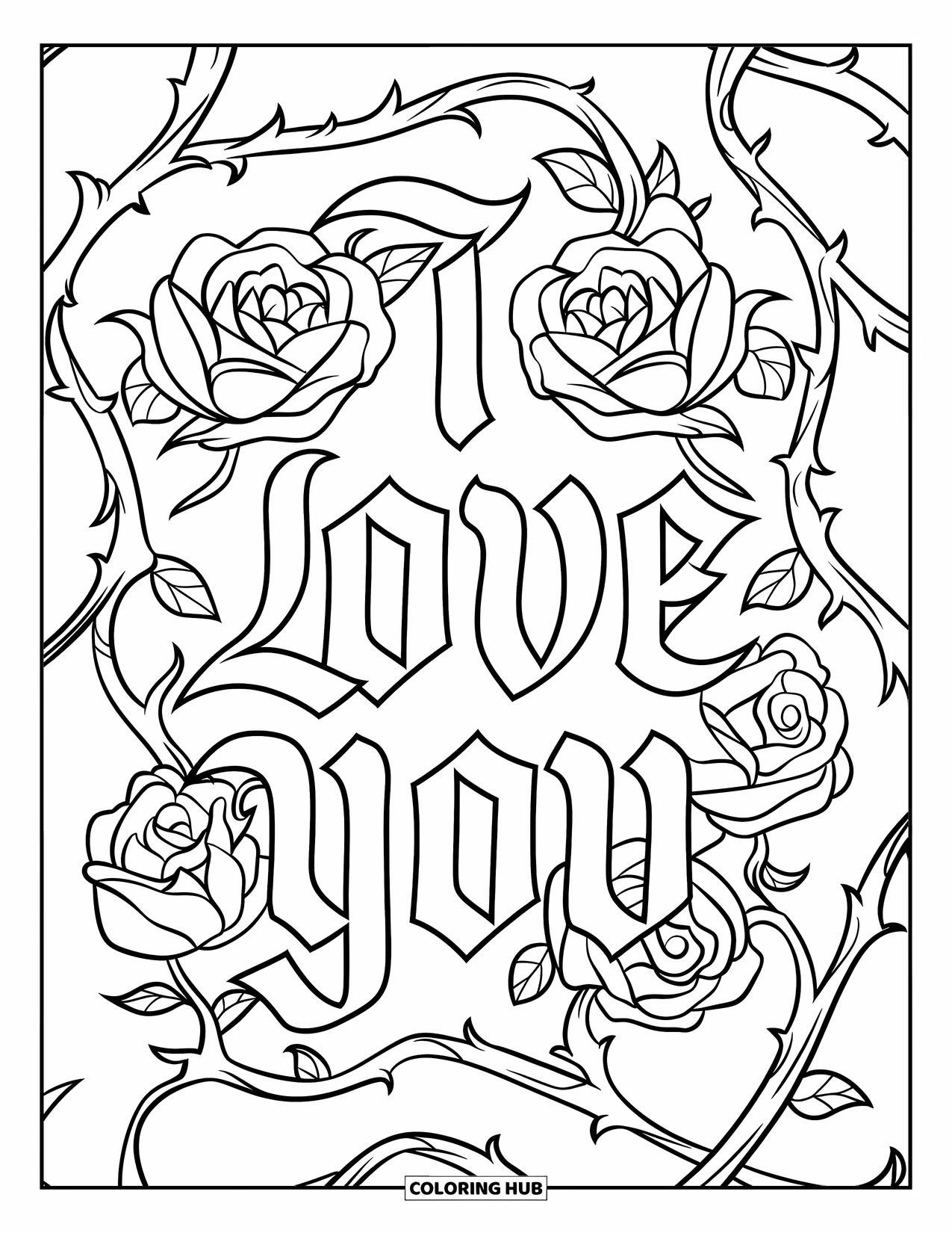 I Love You Coloring Page for Kids: Romantic "I Love You" text with bold roses and twisting vines