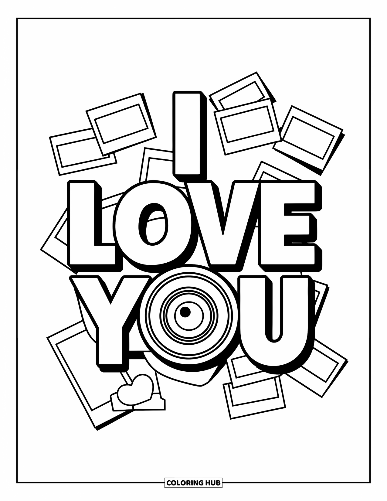 I Love You Coloring Page for Kids: Trendy "I Love You" lettering with a vintage camera and photo strips