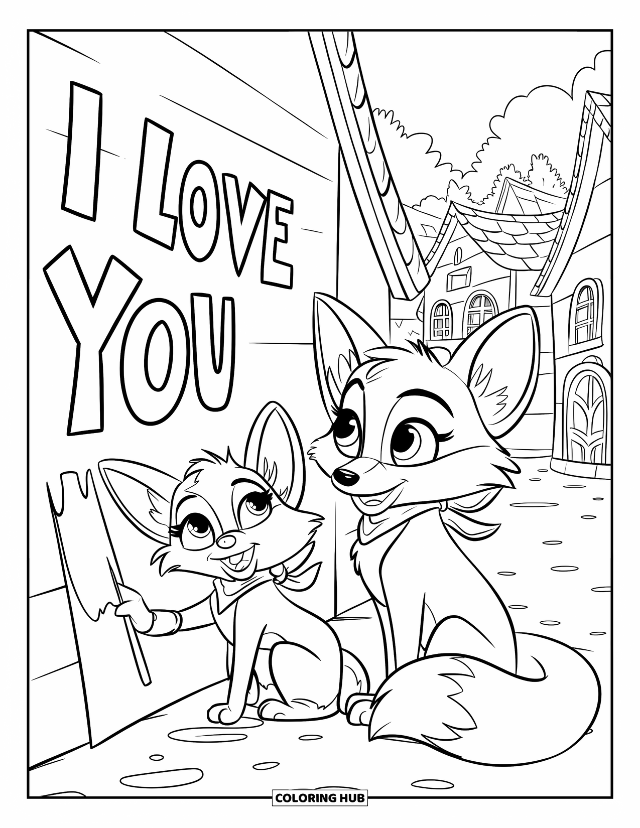 I Love You Coloring Page for Kids: Two foxes paint "I Love You" on a wall in a cozy village