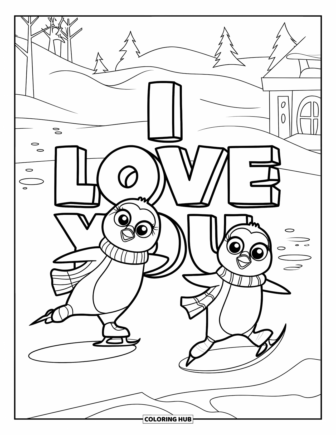 I Love You Coloring Page for Kids: Two penguins skate around "I Love You" in a snowy scene with scarves and smiles