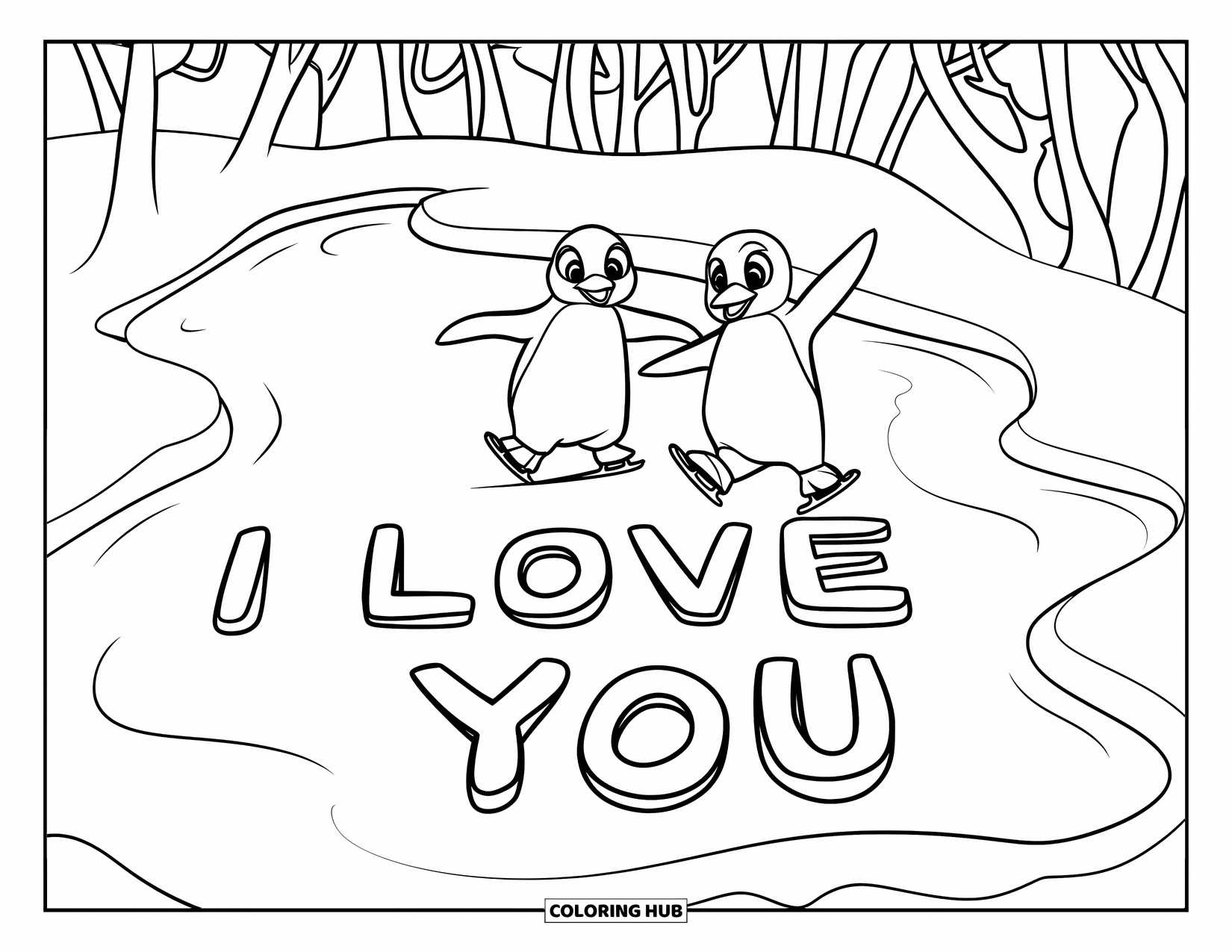 I Love You Coloring Page for Kids: Two penguins skate over a frozen pond that says "I Love You"