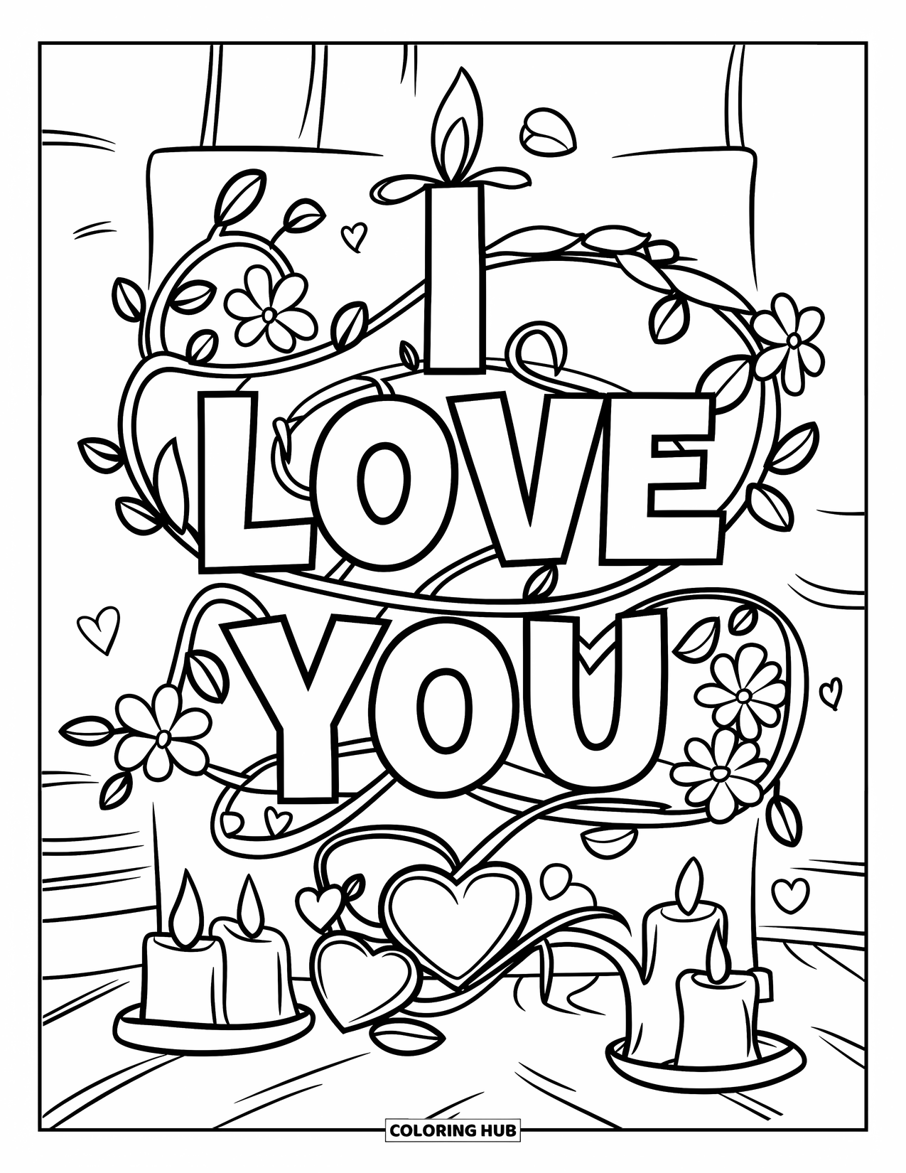 I Love You Coloring Page for Kids: Vines and flowers wrap around a heart with a cozy "I Love You" vibe