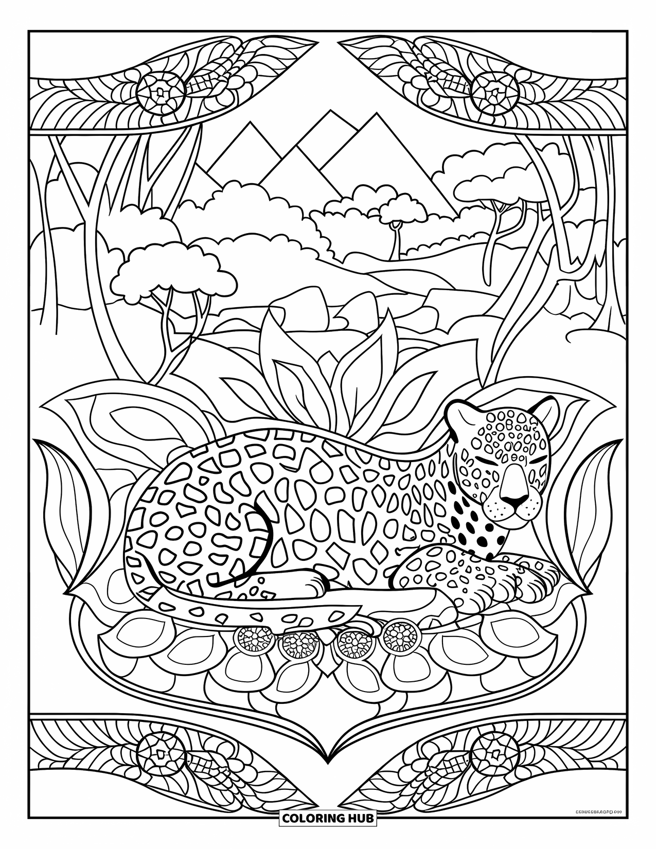 Jaguar Ausmalbild für Erwachsene: Ein ruhiger Jaguar liegt auf dem Bauch, umgeben von stilisierten Blättern, Blumen und einer Seeszene