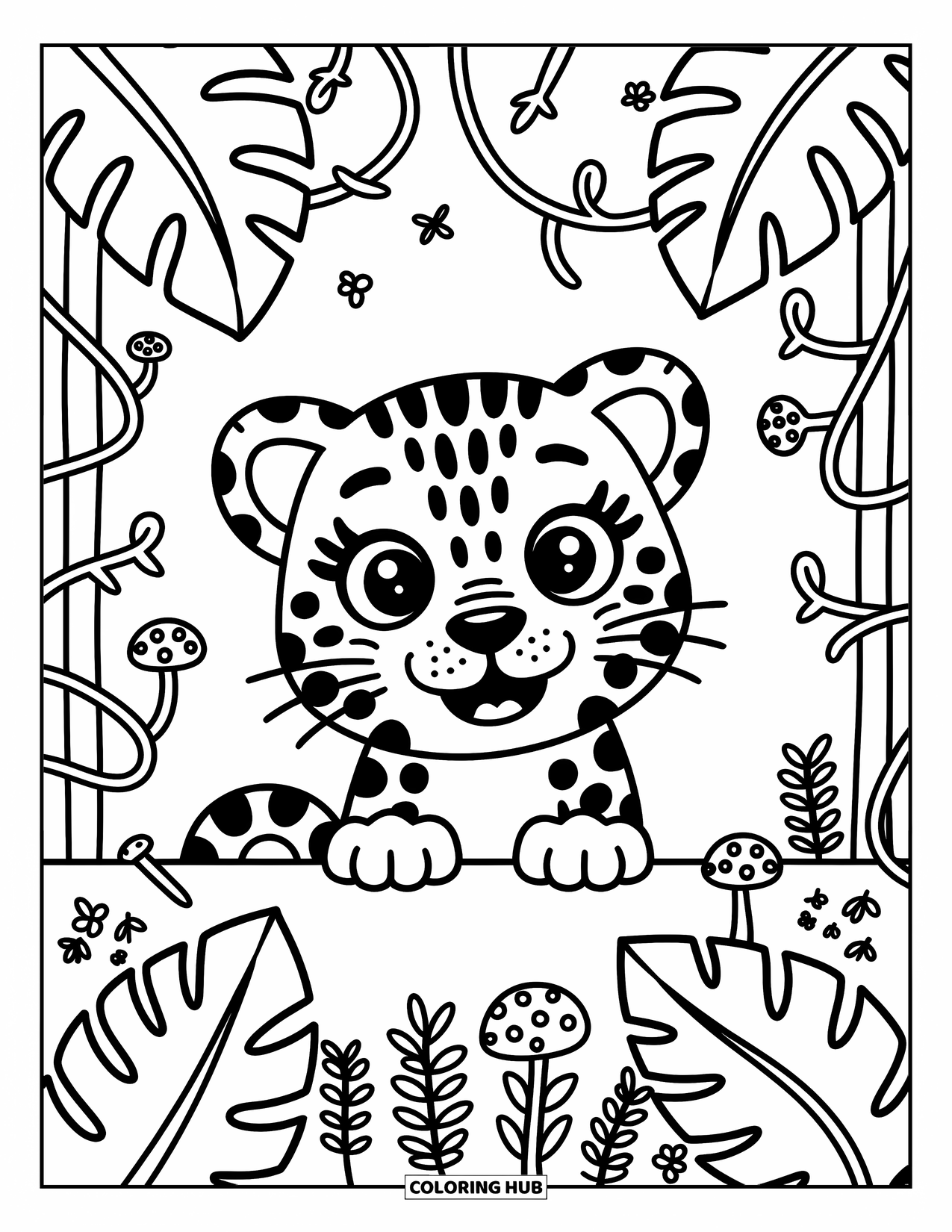 Jaguar Ausmalbild für Erwachsene: Ein frecher Jaguar späht hinter Dschungellianen mit Pilzen und skurrilen Käfern hervor